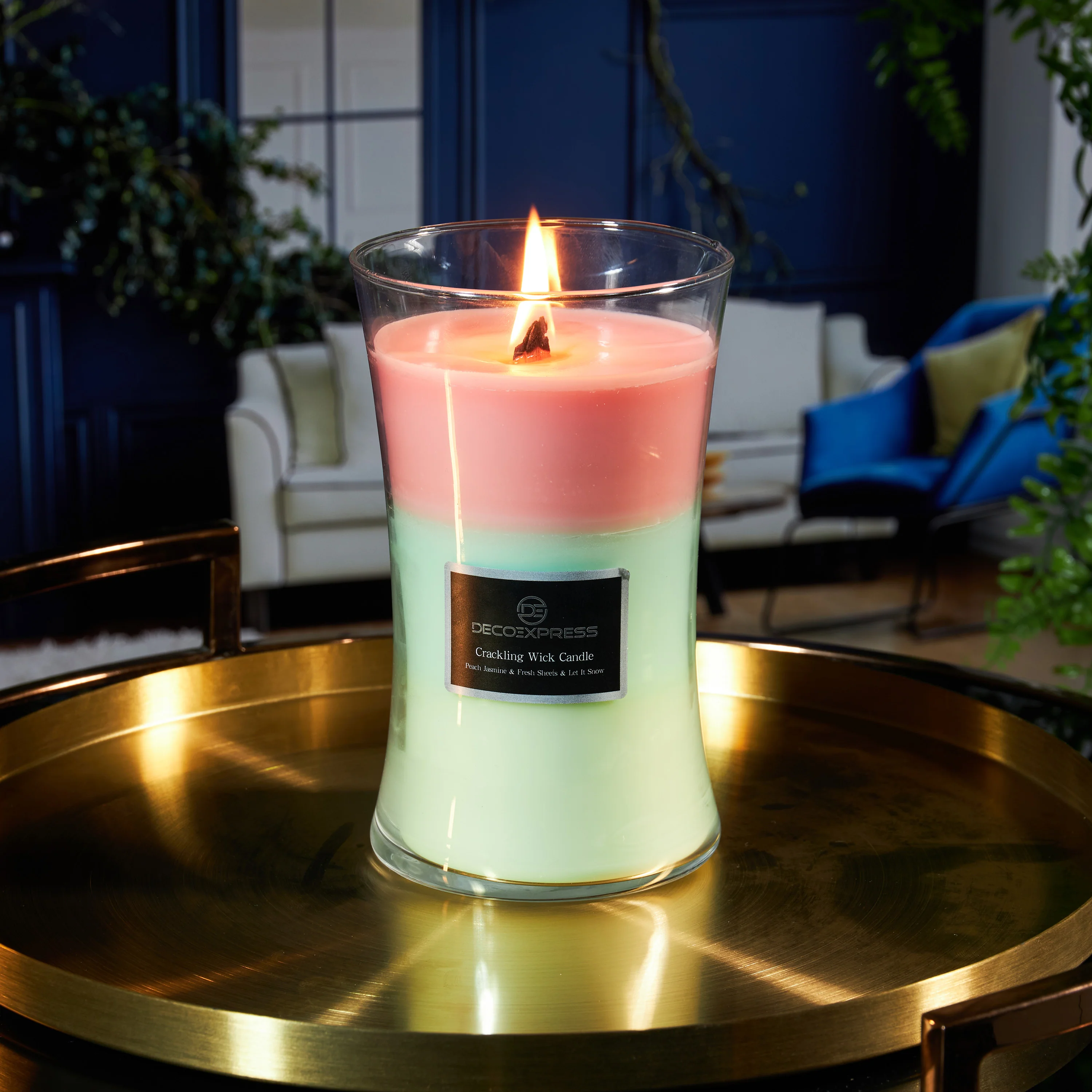 DECO EXPRESS Scented Candles with 3 Layer Scent Trilogy Crackle Wick Candle Long Burning Hourglass Candle Calming Home Decor Housewarming Gifts (Peach Jasmine/Fresh Sheets/Let it Snow) - Image 5