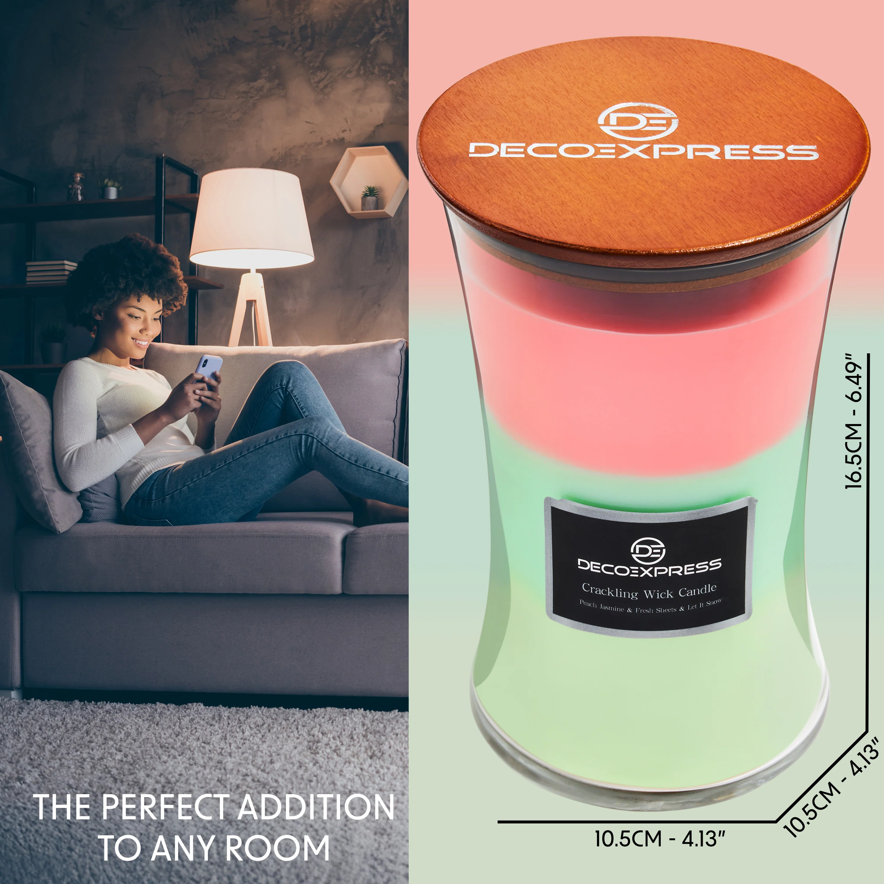 DECO EXPRESS Scented Candles with 3 Layer Scent Trilogy Crackle Wick Candle Long Burning Hourglass Candle Calming Home Decor Housewarming Gifts (Peach Jasmine/Fresh Sheets/Let it Snow) - Image 6