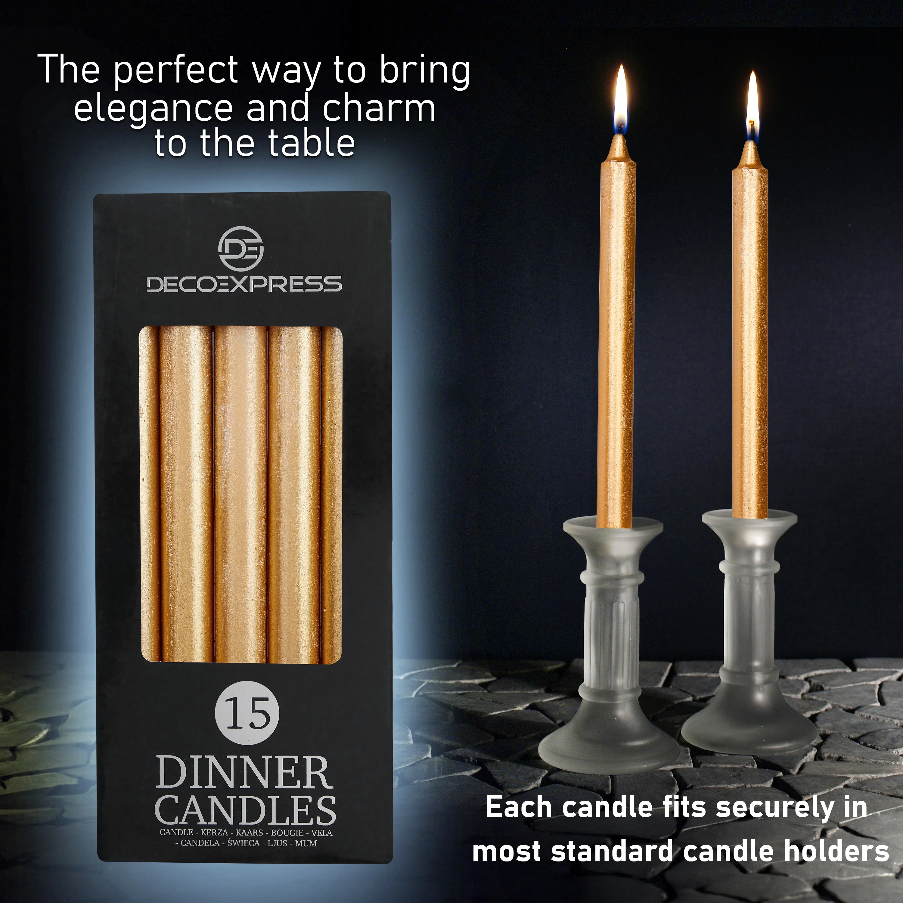 DECO EXPRESS Tapered Candle Set of 15 Dripless Metallic Unscented 9H Burn Time - Image 51
