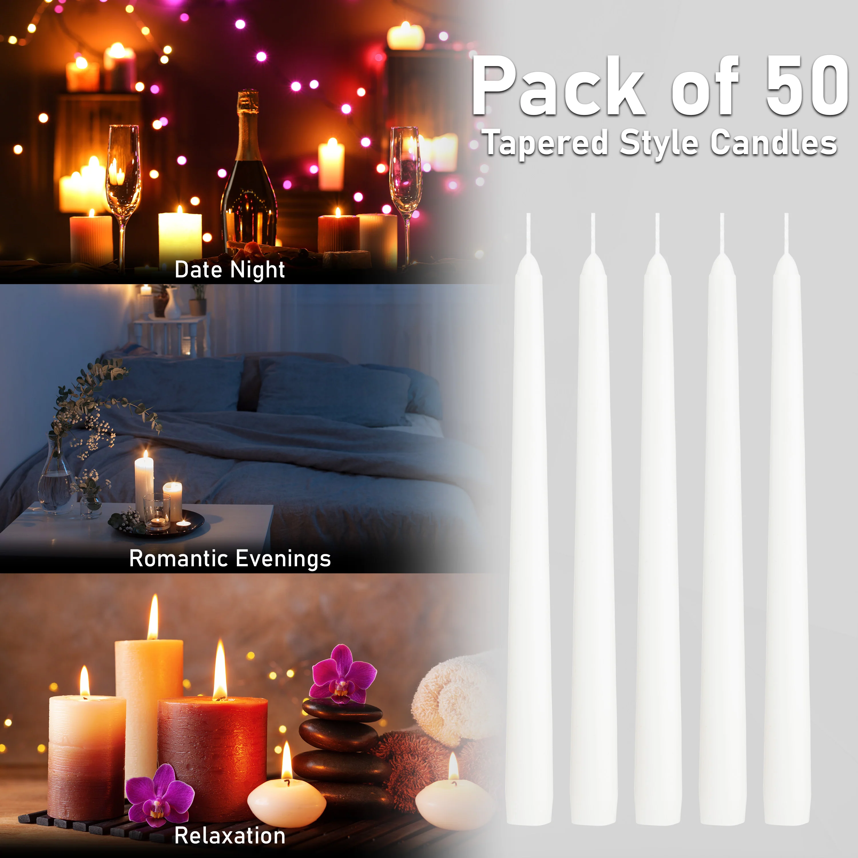 Dinner Candles - Tapered Candles Multipack   - White - 50 Pack - Image 6