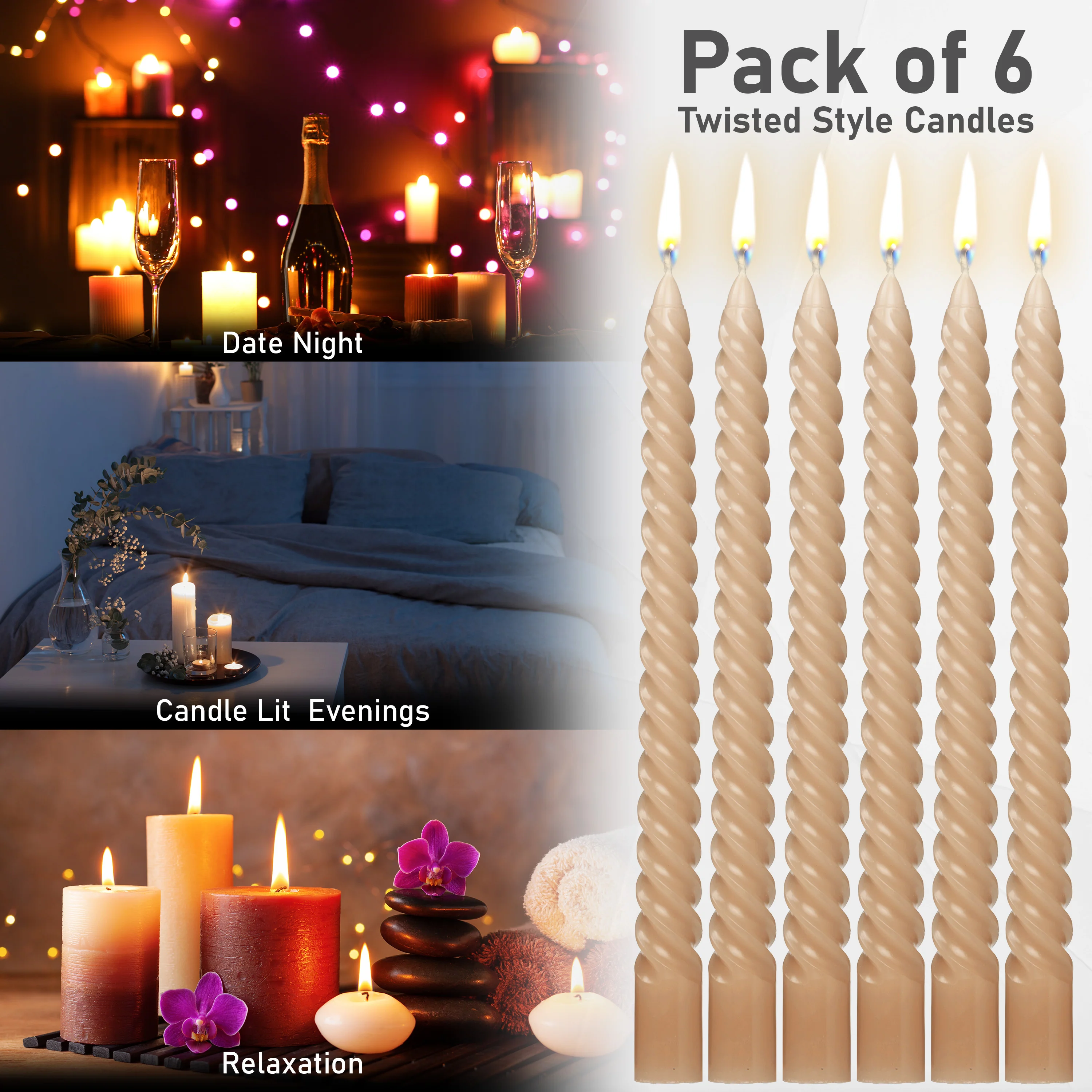 DECO EXPRESS Dinner Candles Pack of 3 or 6 Twisted Non Drip Coloured Spiral Candles Long Lasting 6 Hours Burn Non Scented (Pack of 6) - Image 103