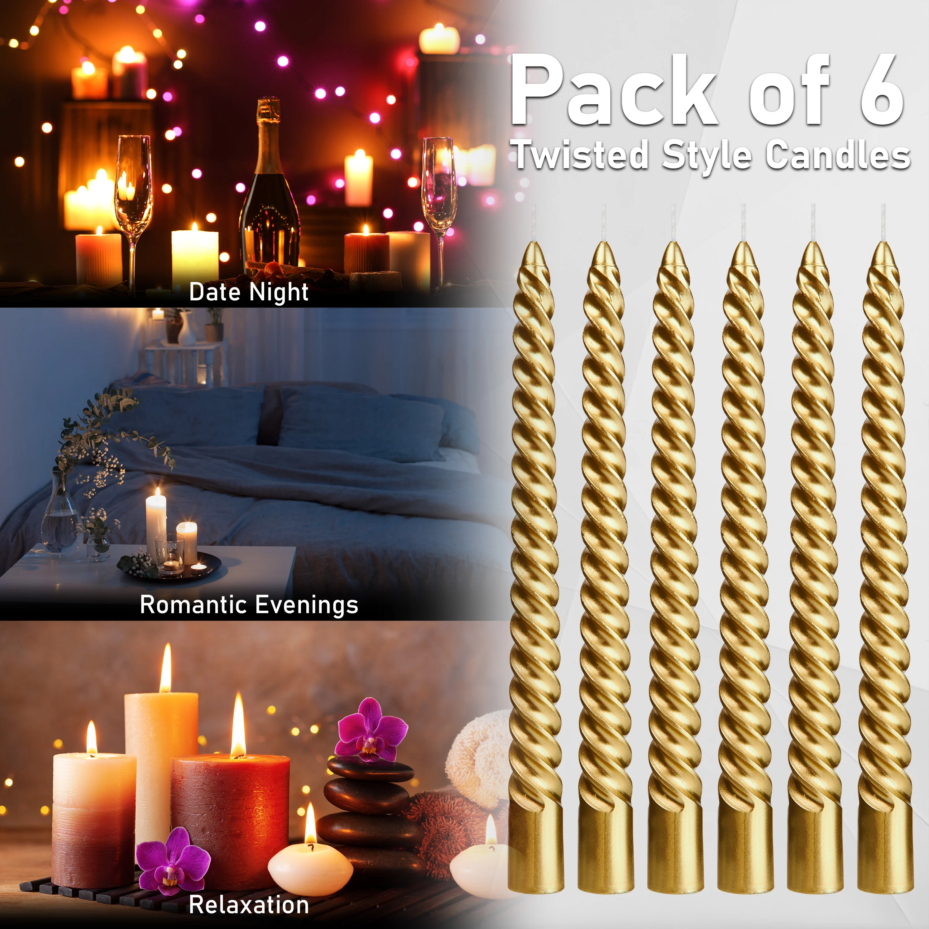 DECO EXPRESS Dinner Candles Pack of 3 or 6 Twisted Non Drip Coloured Spiral Candles Long Lasting 6 Hours Burn Non Scented (Pack of 6) - Image 19