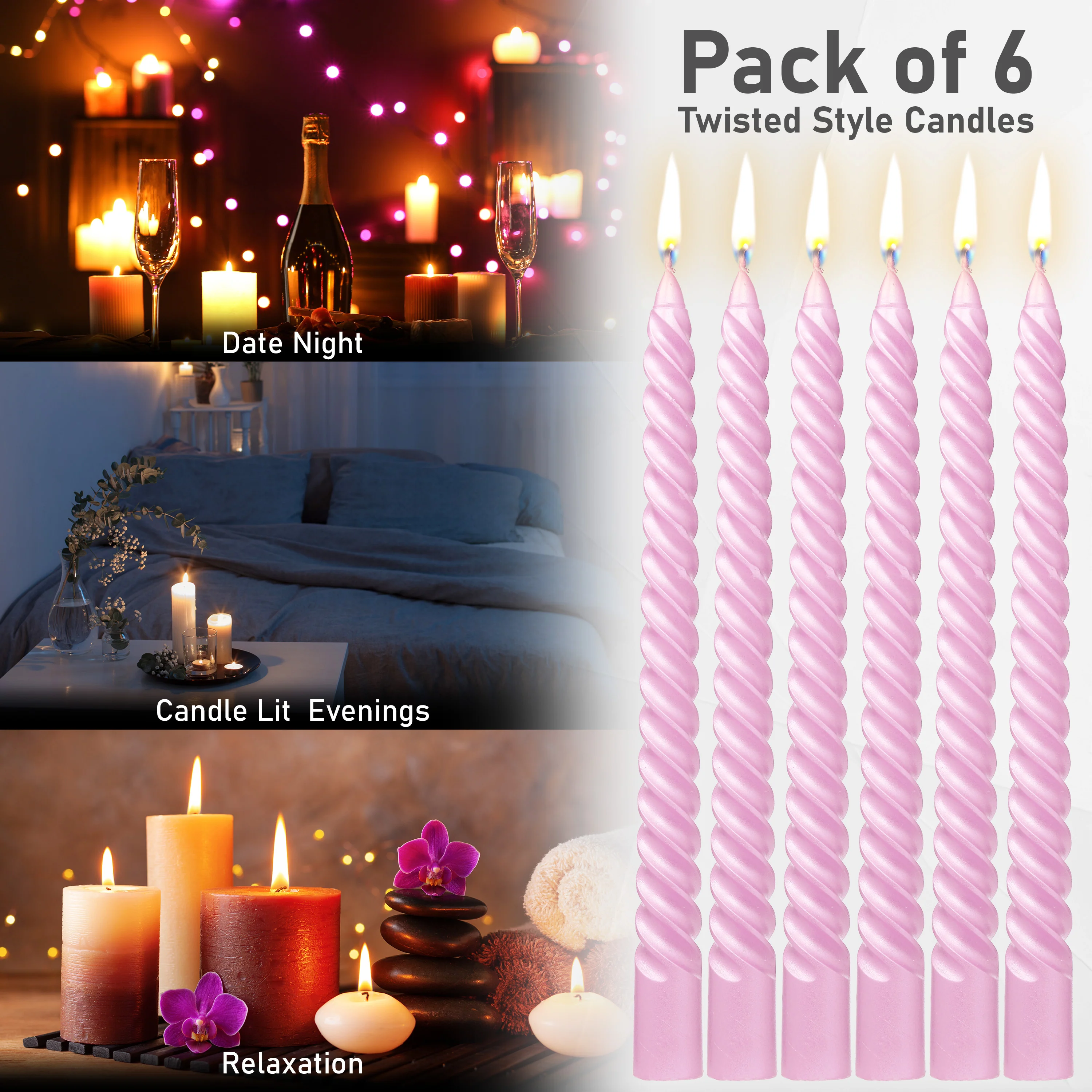 DECO EXPRESS Dinner Candles Pack of 3 or 6 Twisted Non Drip Coloured Spiral Candles Long Lasting 6 Hours Burn Non Scented (Pack of 6) - Image 55