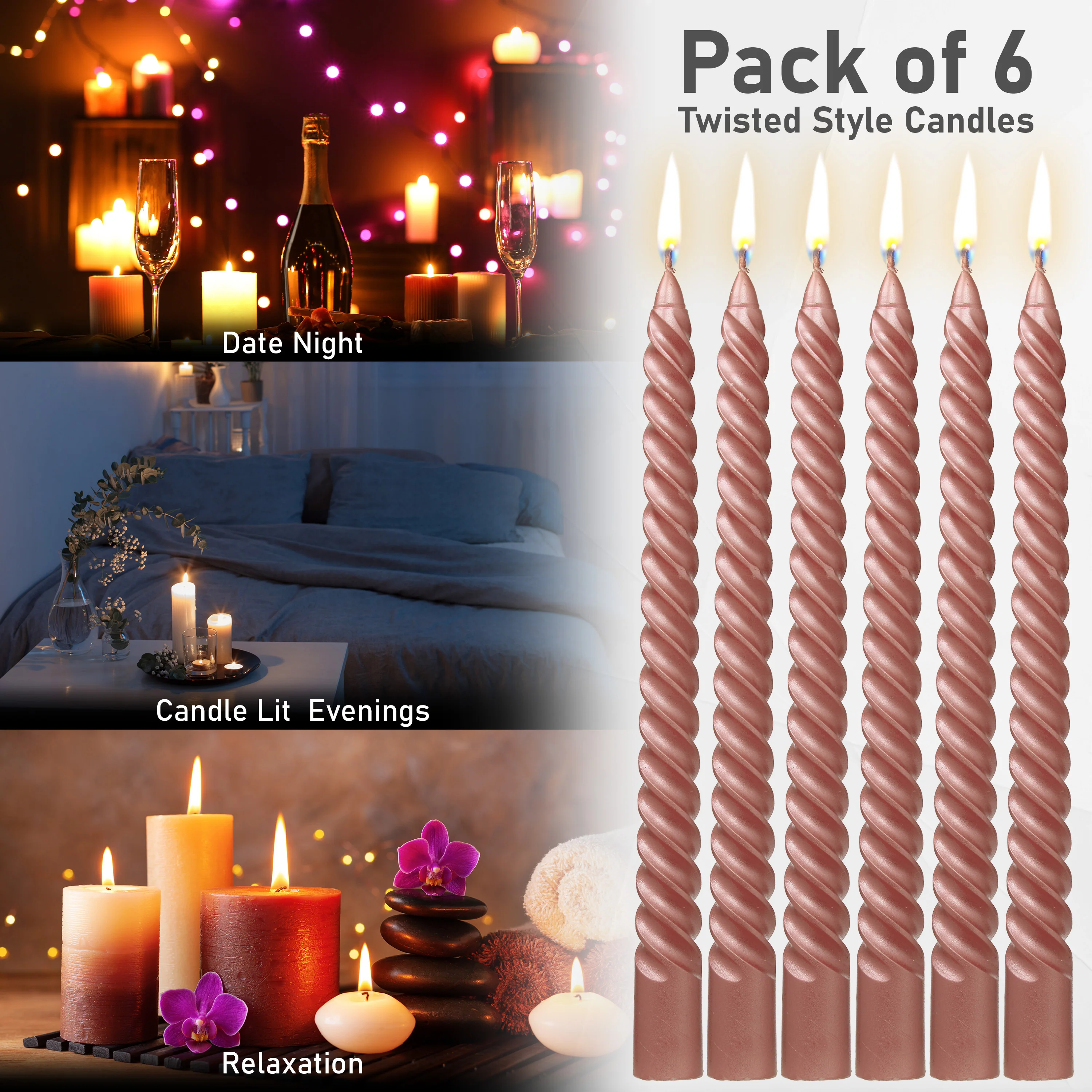 DECO EXPRESS Dinner Candles Pack of 3 or 6 Twisted Non Drip Coloured Spiral Candles Long Lasting 6 Hours Burn Non Scented (Pack of 6) - Image 61