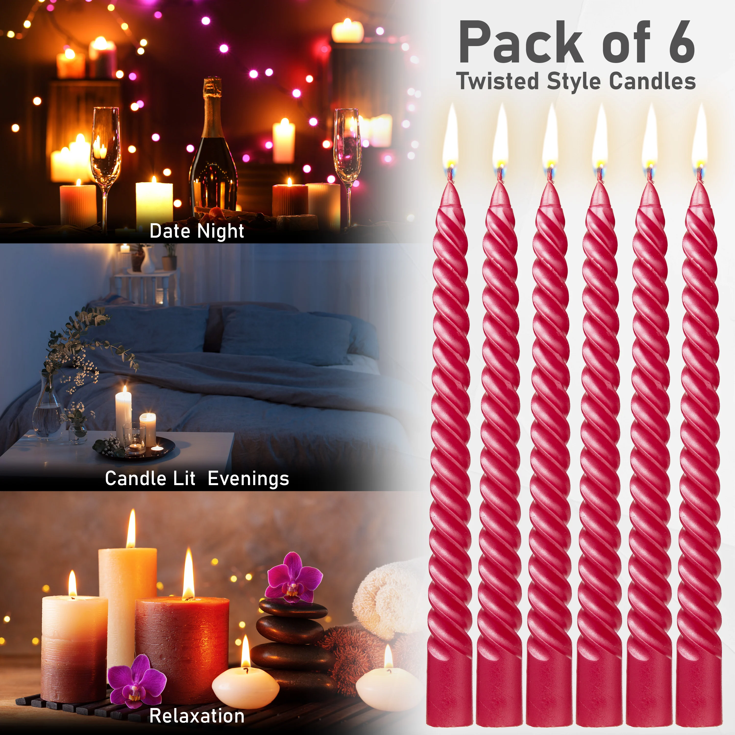 DECO EXPRESS Dinner Candles Pack of 3 or 6 Twisted Non Drip Coloured Spiral Candles Long Lasting 6 Hours Burn Non Scented (Pack of 6) - Image 73