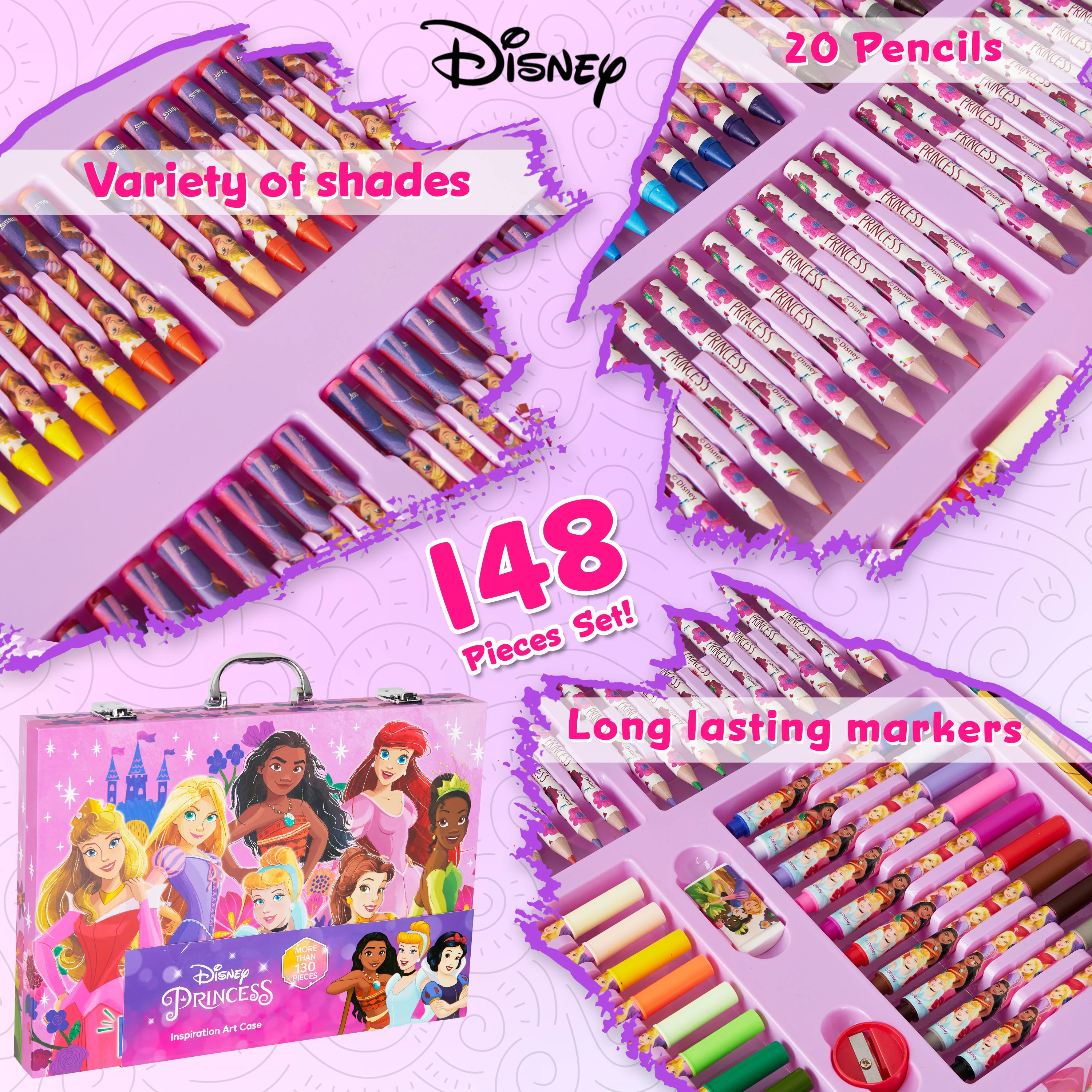 Disney Art Set for Kids 130+ Pieces Colouring Pencils Colouring Crayons Princess Art - Image 4