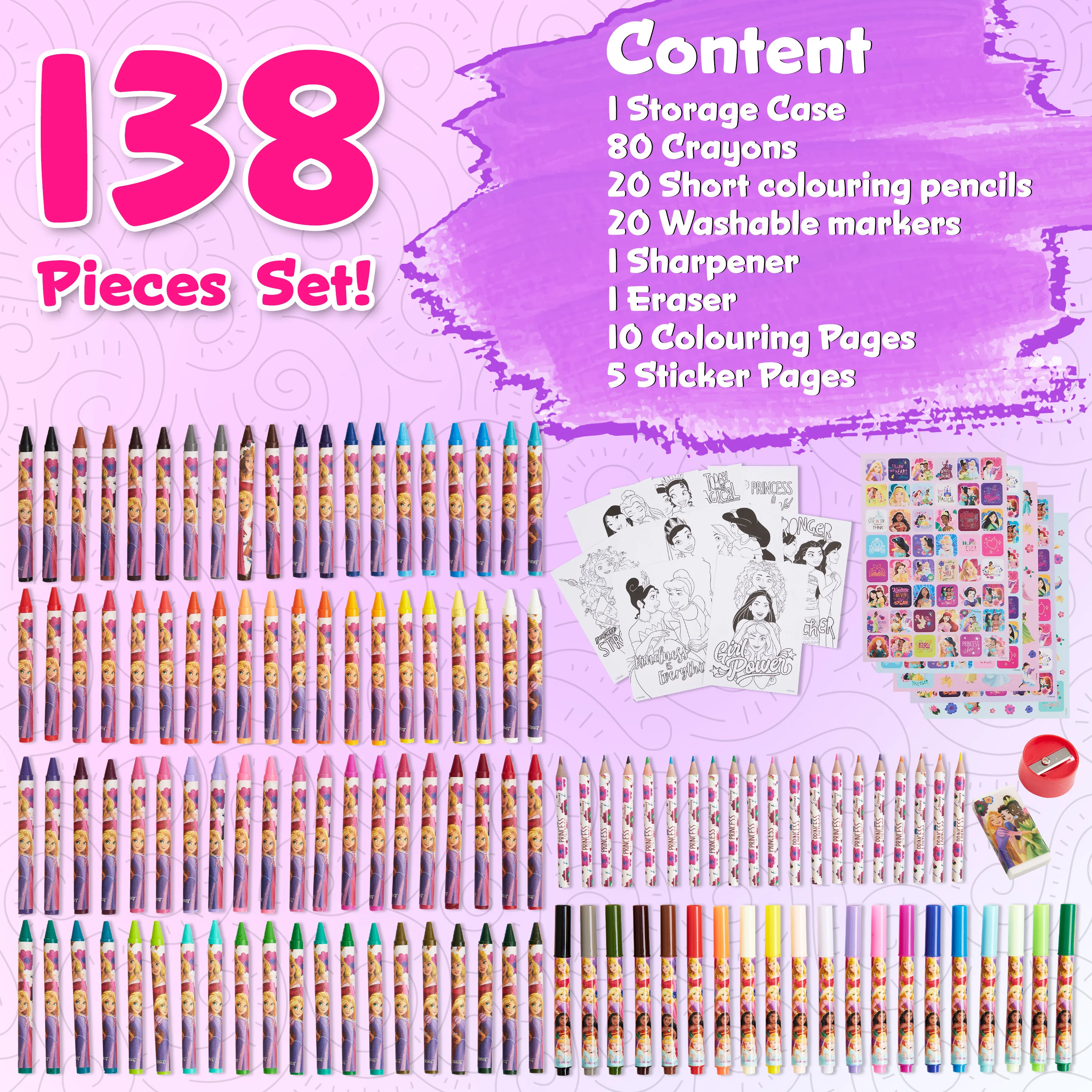 Disney Art Set for Kids 130+ Pieces Colouring Pencils Colouring Crayons Princess Art - Image 6