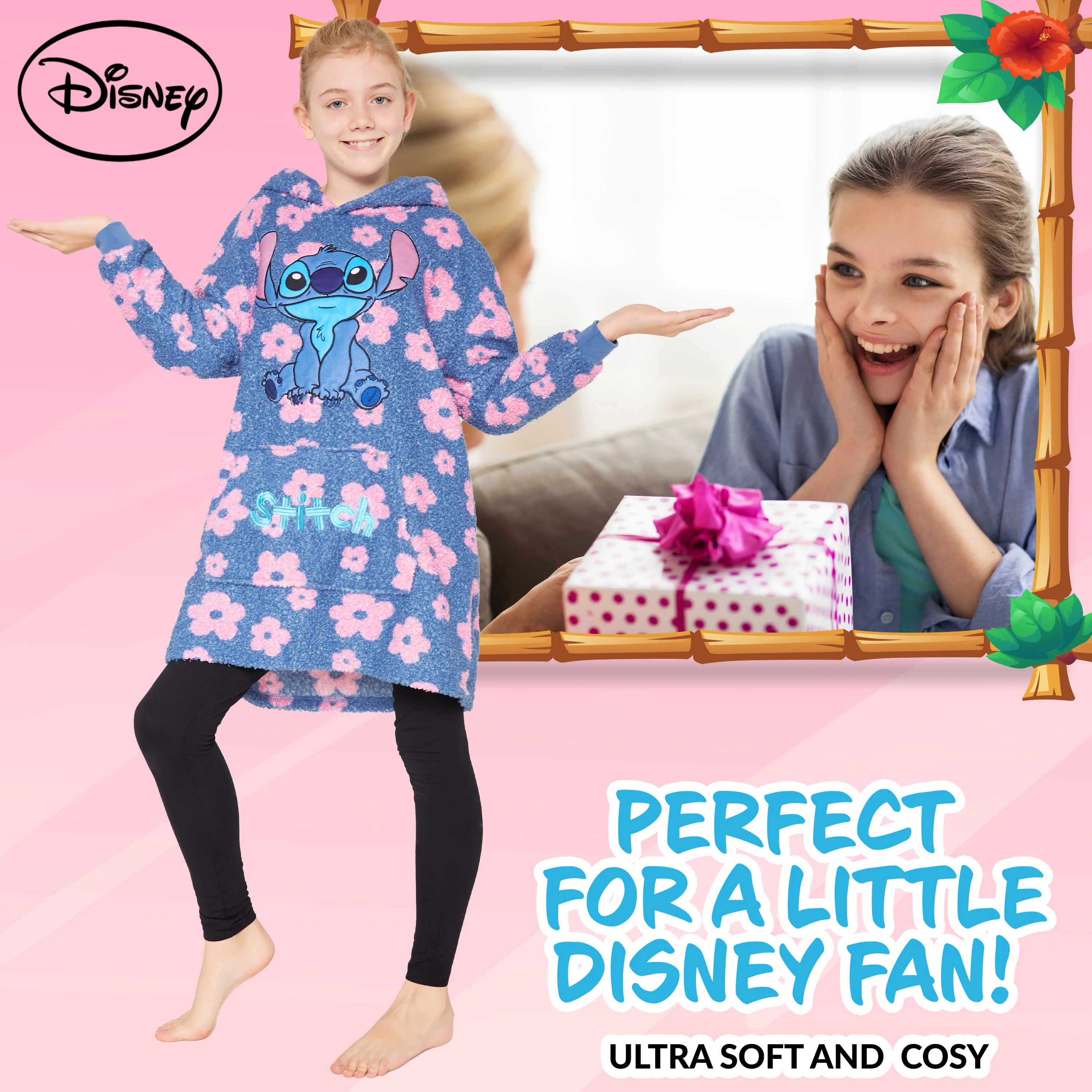 Disney Fleece Hoodie Blanket for Kids - Blue Stitch Floral - Image 2