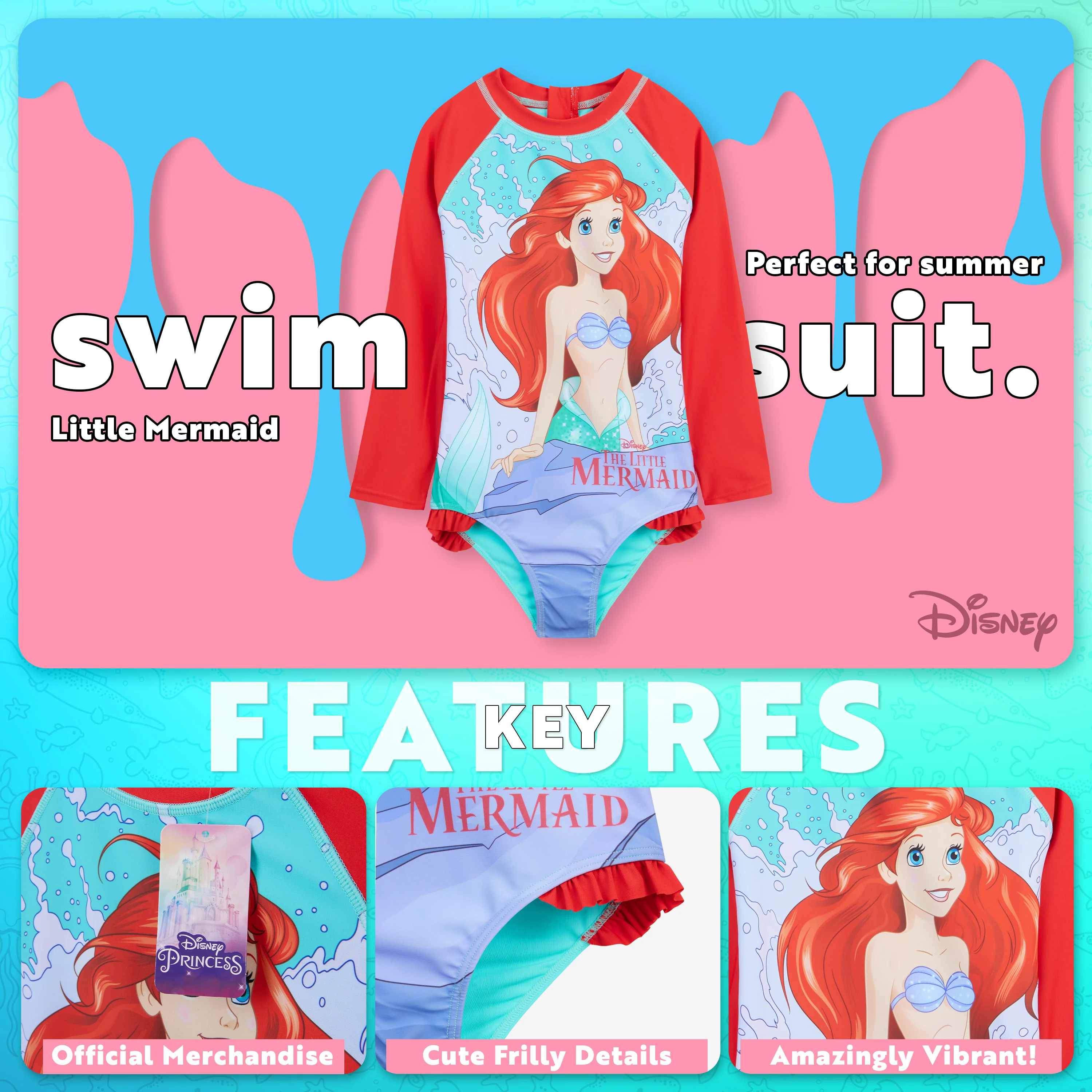 Disney Girls One Piece Swimsuit, Long Sleeve Swimming Costume - Girls Gifts - Image 3