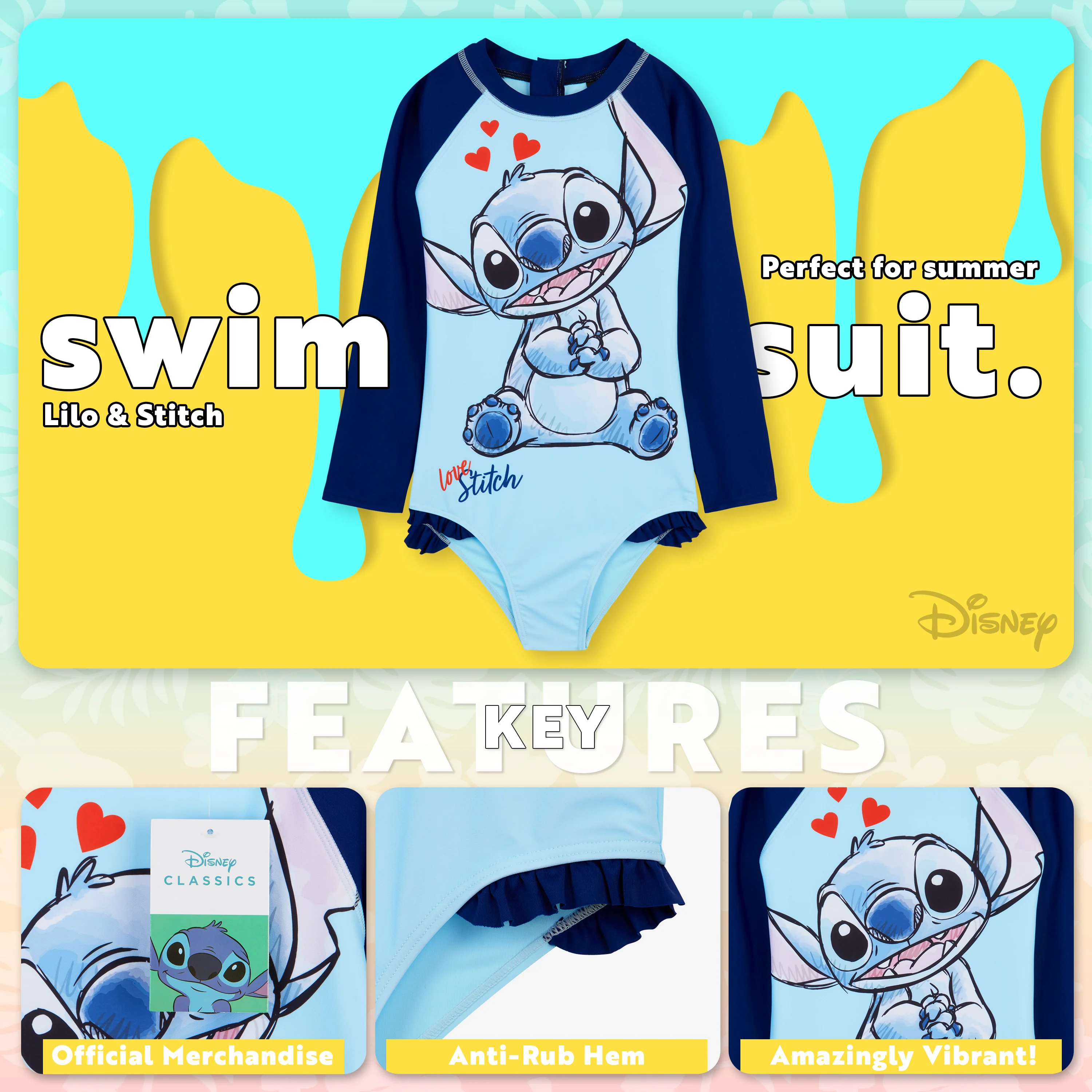 Disney Girls One Piece Swimsuit, Long Sleeve Swimming Costume - Image 3