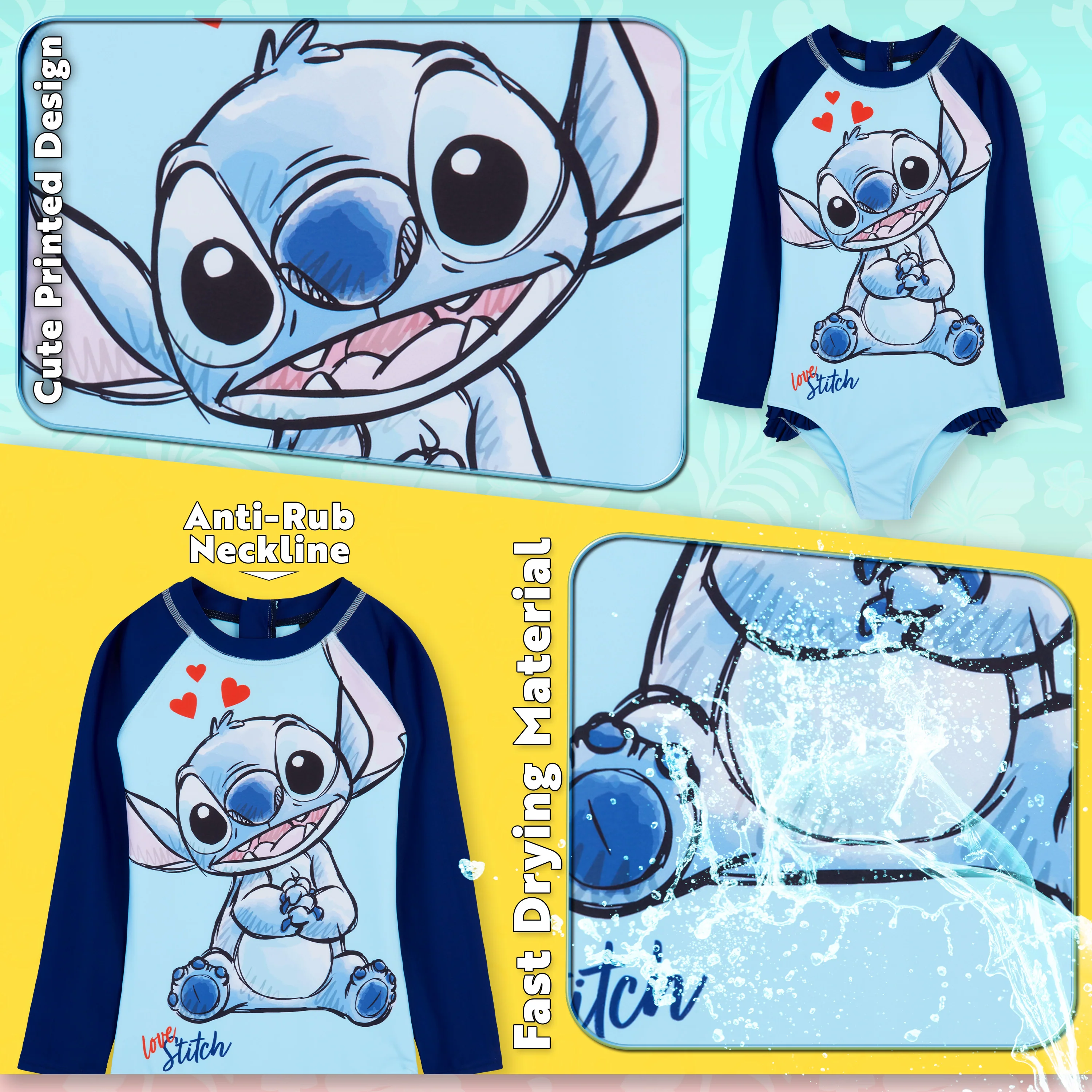 Disney Girls One Piece Swimsuit, Long Sleeve Swimming Costume - Image 5
