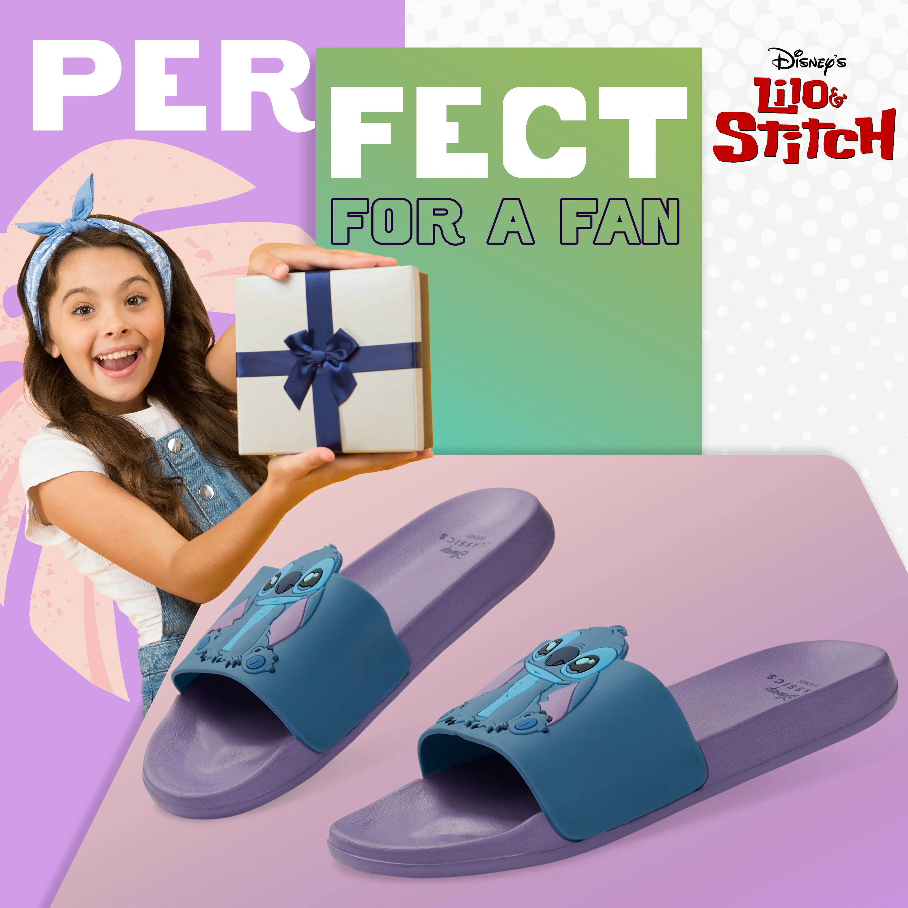 Disney Girls Sliders, Pool or Beach Shoes for Kids - Liliac/Blue Stitch - Image 3