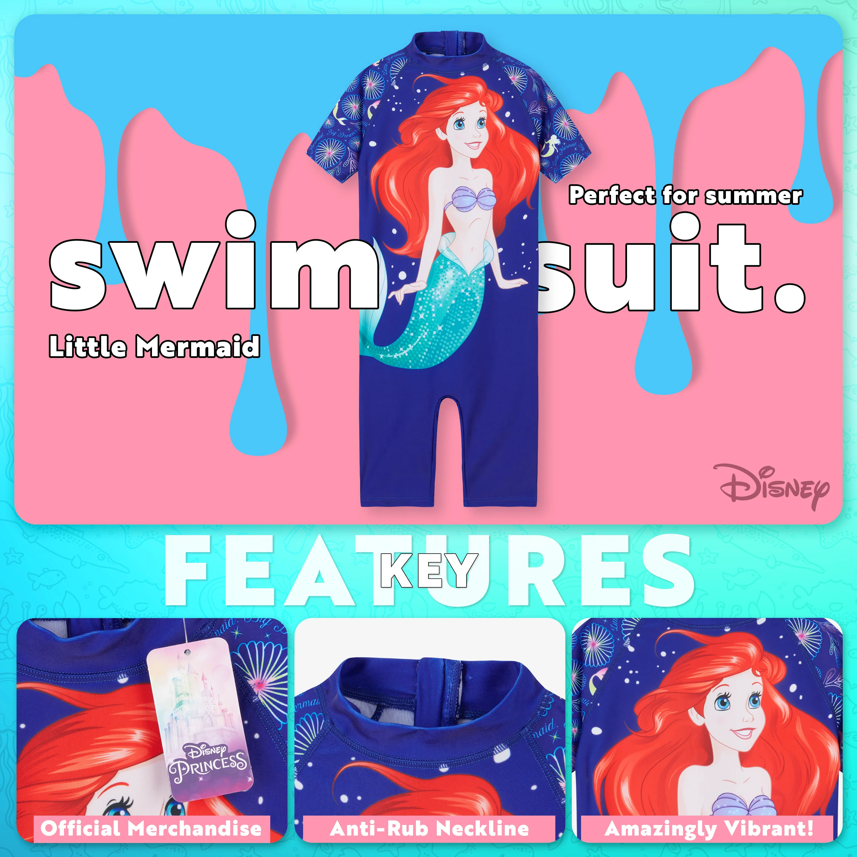 Disney Girls Swimming Costume The Little Mermaid Swimsuit - Image 3