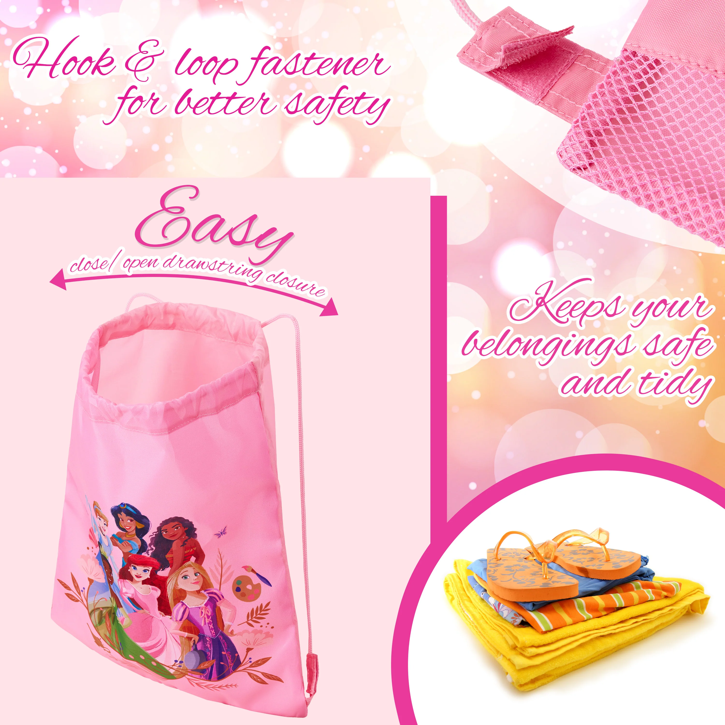 Disney Kids Drawstring Bags, 29 x 38cm Swimming Bag with Airflow Vent - Princess - Image 5