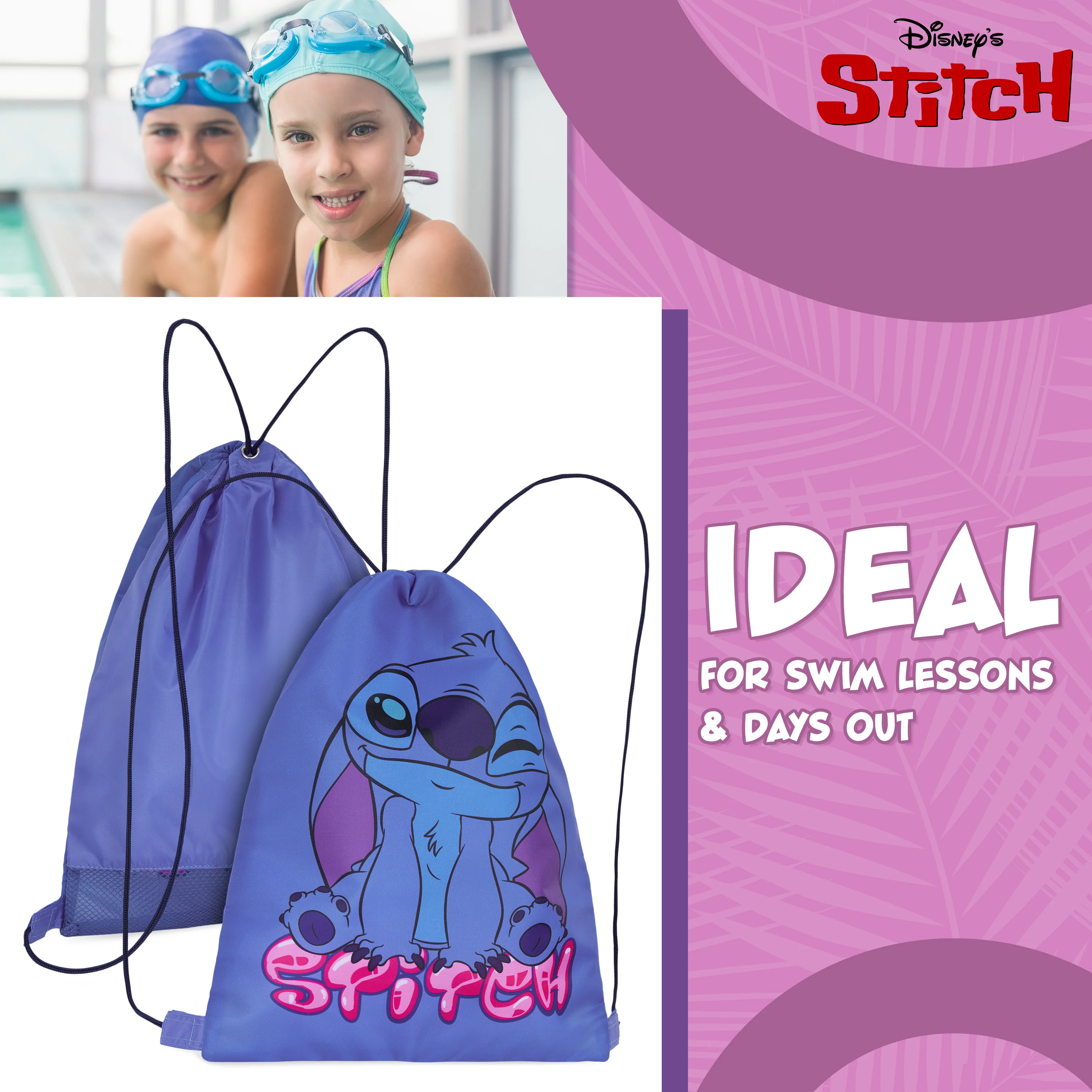 Disney Kids Drawstring Bags, 29 x 38cm Swimming Bag with Airflow Vent - Stitch - Image 4