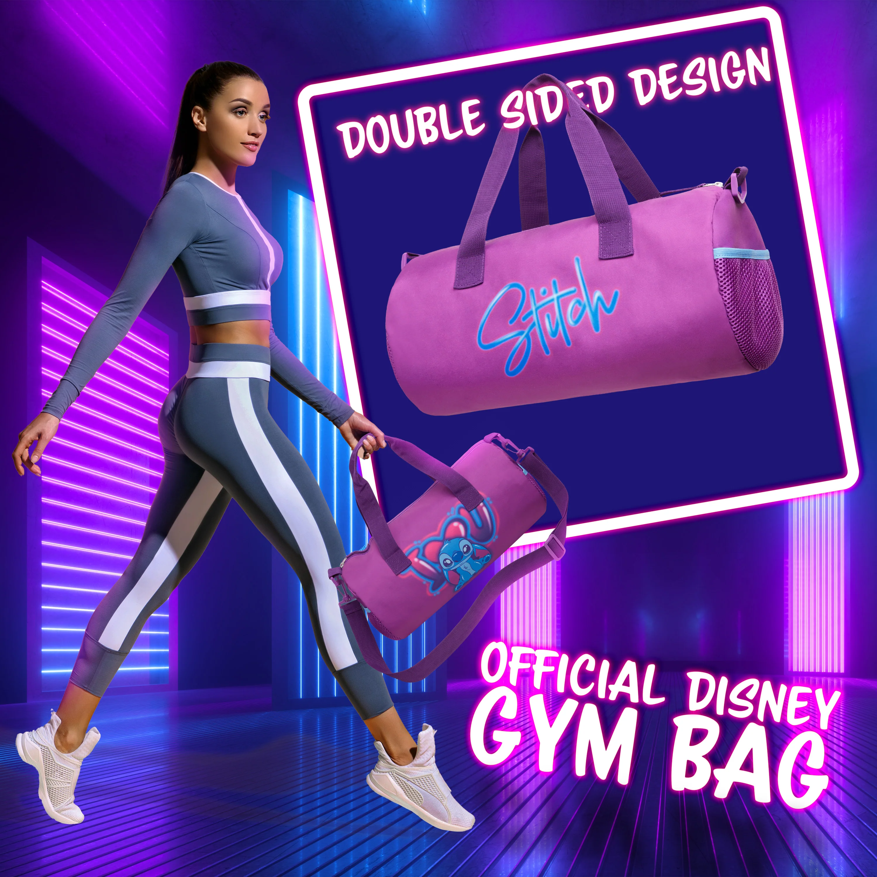 Disney Kids Sports Bag, 40 x 20 x 20cm 2 Pockets Adjustable Strap (Purple Stitch) - Image 3