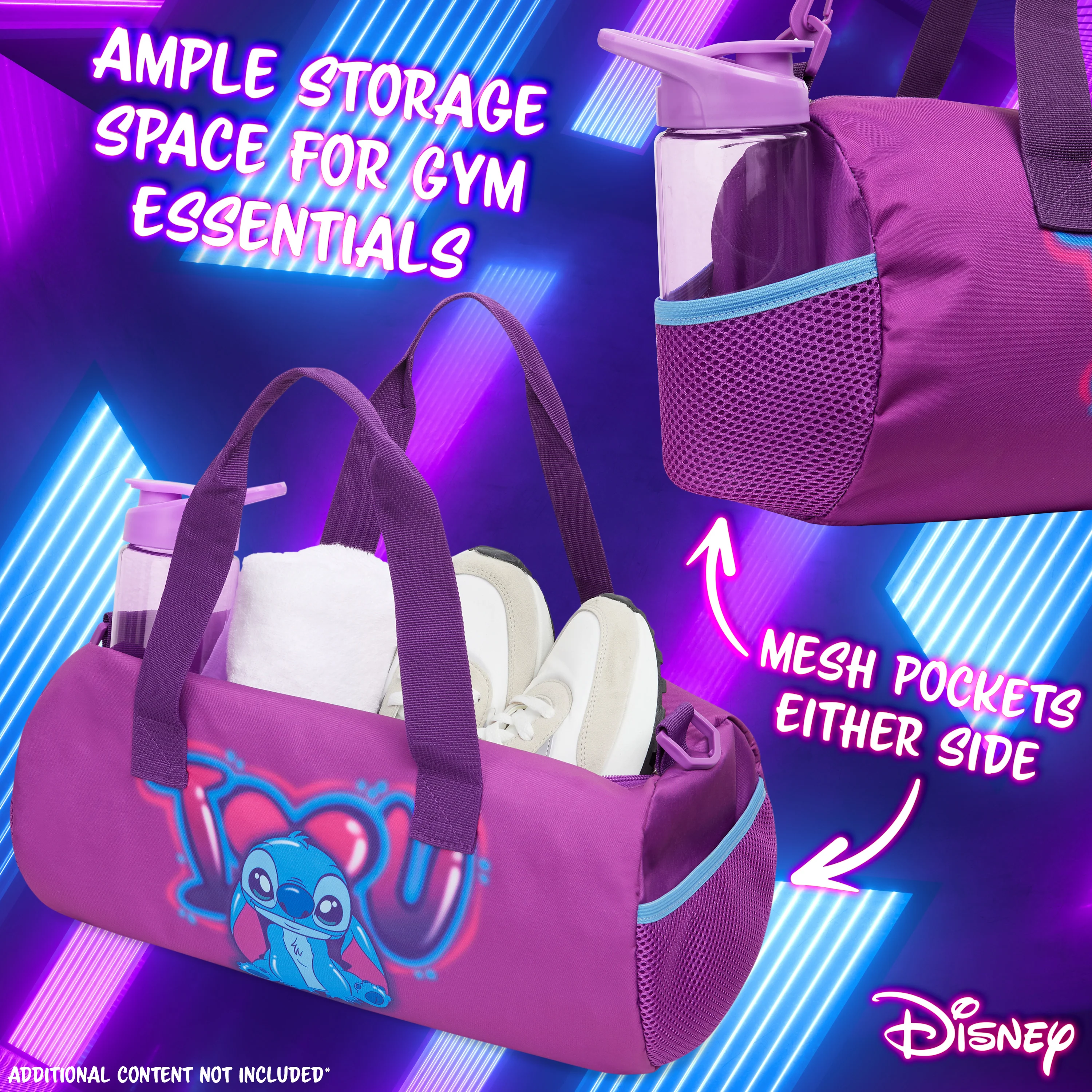 Disney Kids Sports Bag, 40 x 20 x 20cm 2 Pockets Adjustable Strap (Purple Stitch) - Image 4