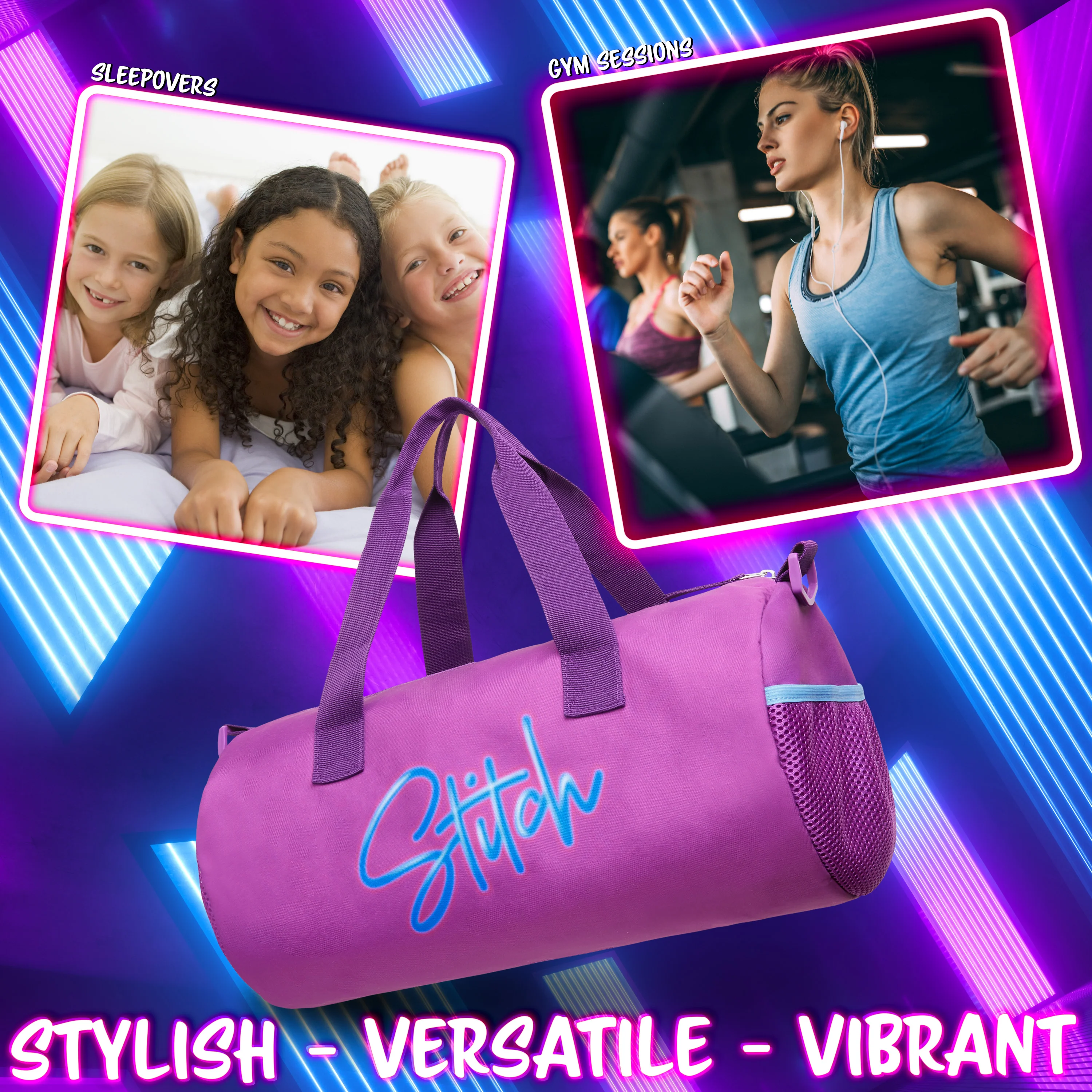 Disney Kids Sports Bag, 40 x 20 x 20cm 2 Pockets Adjustable Strap (Purple Stitch) - Image 5
