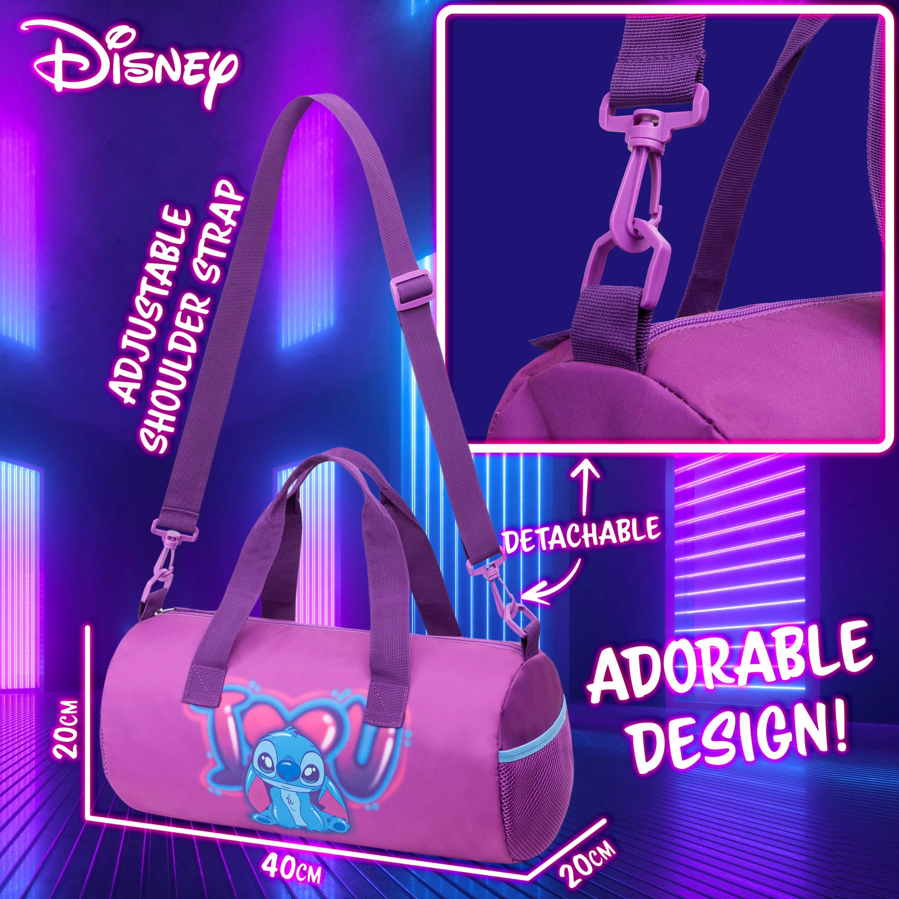 Disney Kids Sports Bag, 40 x 20 x 20cm 2 Pockets Adjustable Strap (Purple Stitch) - Image 6