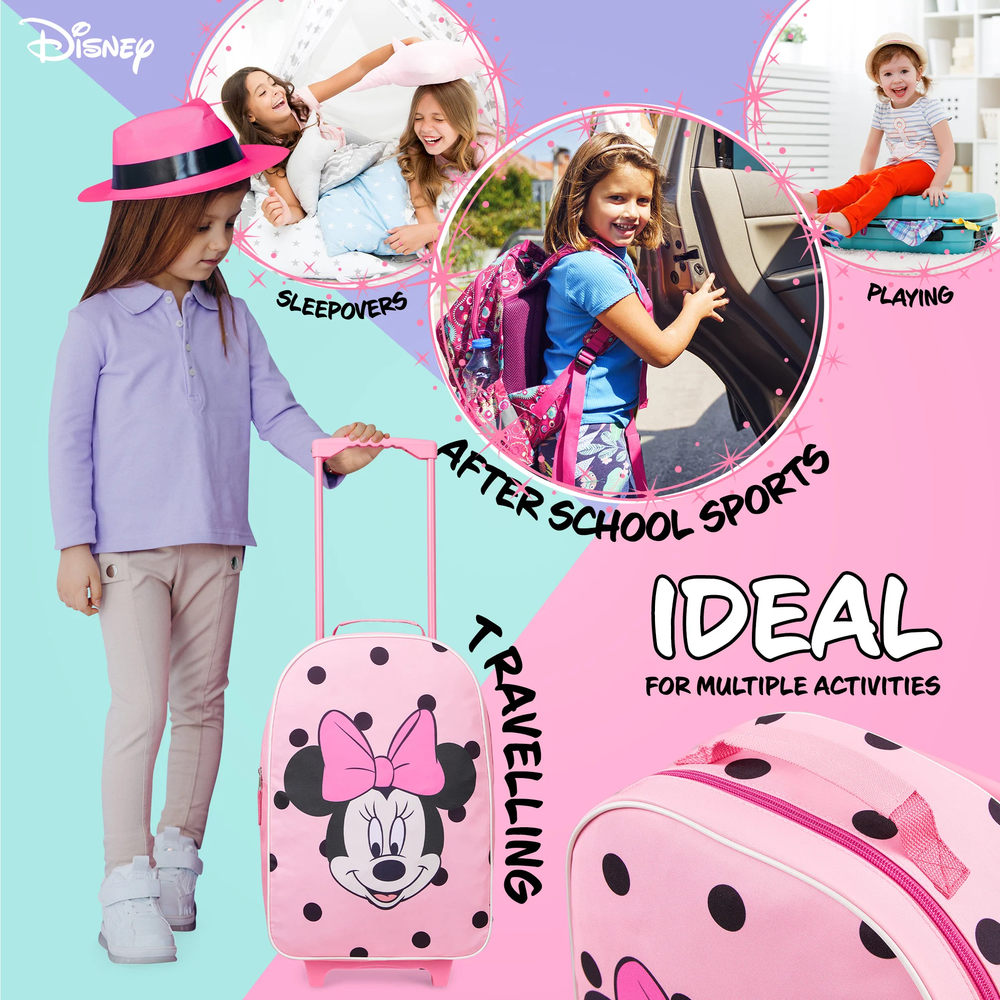 Disney Kids Suitcase - Foldable Trolley Bag 47 x 30cm, 2 Wheels Extendable Handle - Image 3