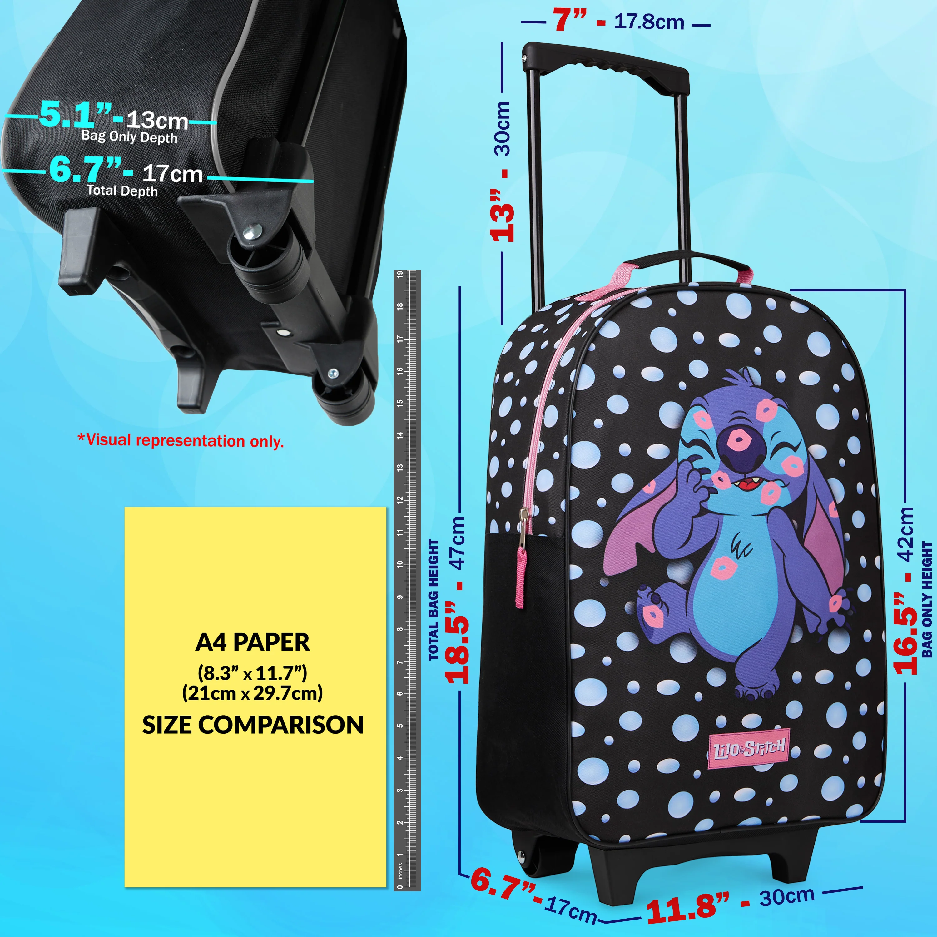 Disney Kids Suitcase - Foldable Trolley Bag 47 x 30cm, 2 Wheels Extendable Handle - Image 2