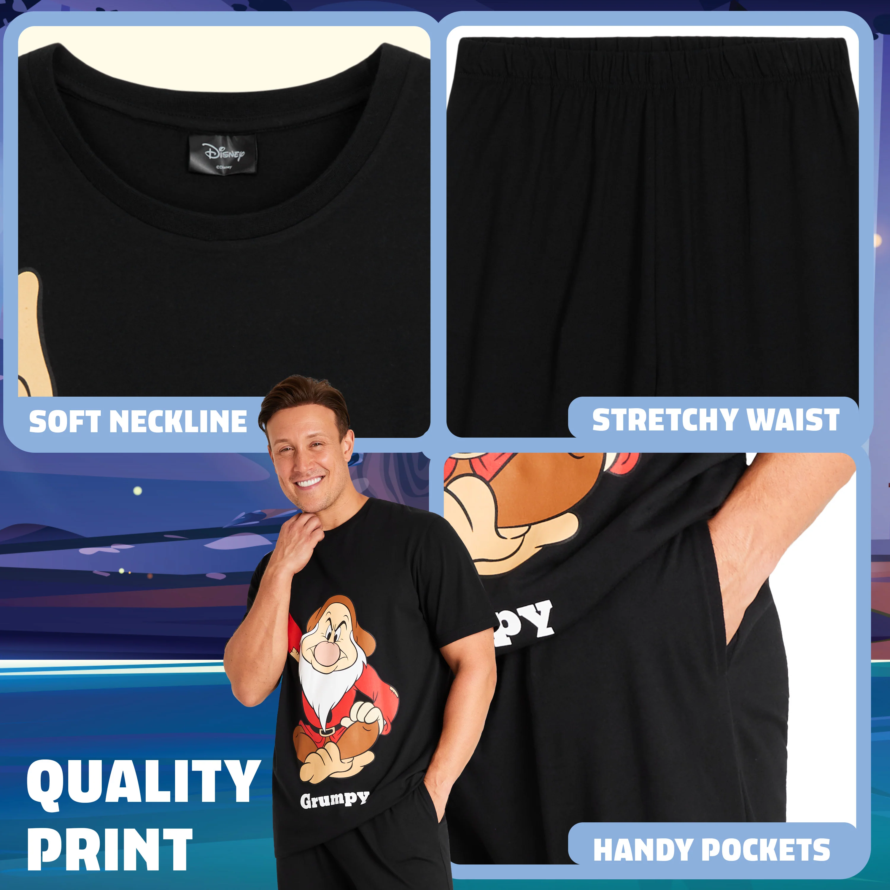 Disney Mens Pyjamas, Nightwear Set T-Shirt & Long Bottoms - Grumpy - Image 4