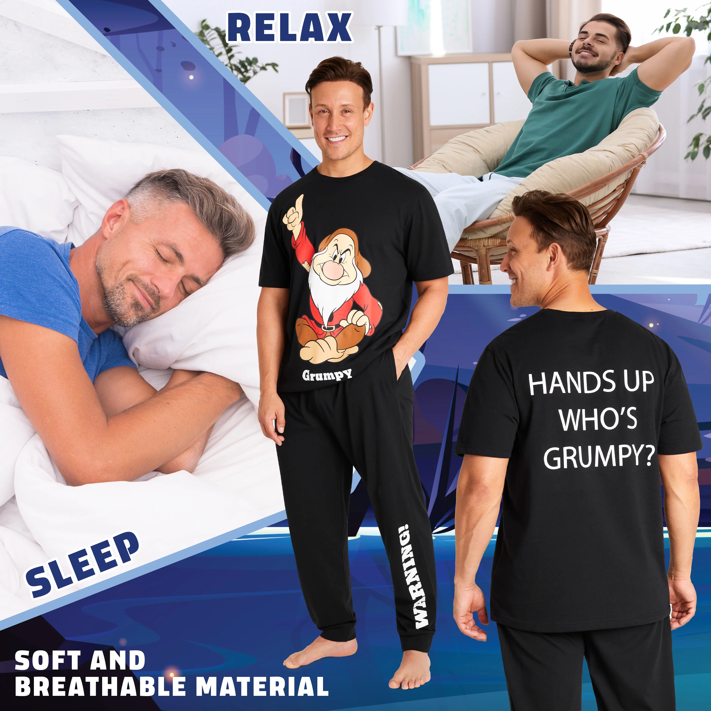 Disney Mens Pyjamas, Nightwear Set T-Shirt & Long Bottoms - Grumpy - Image 5