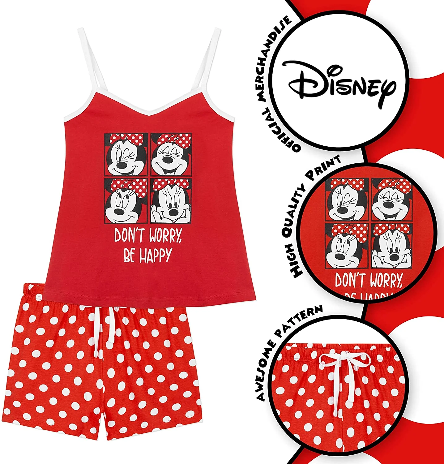 Disney Minnie Mouse Ladies Pyjamas Set, Cotton Cami Top & Sleep Shorts Women PJs - Image 2