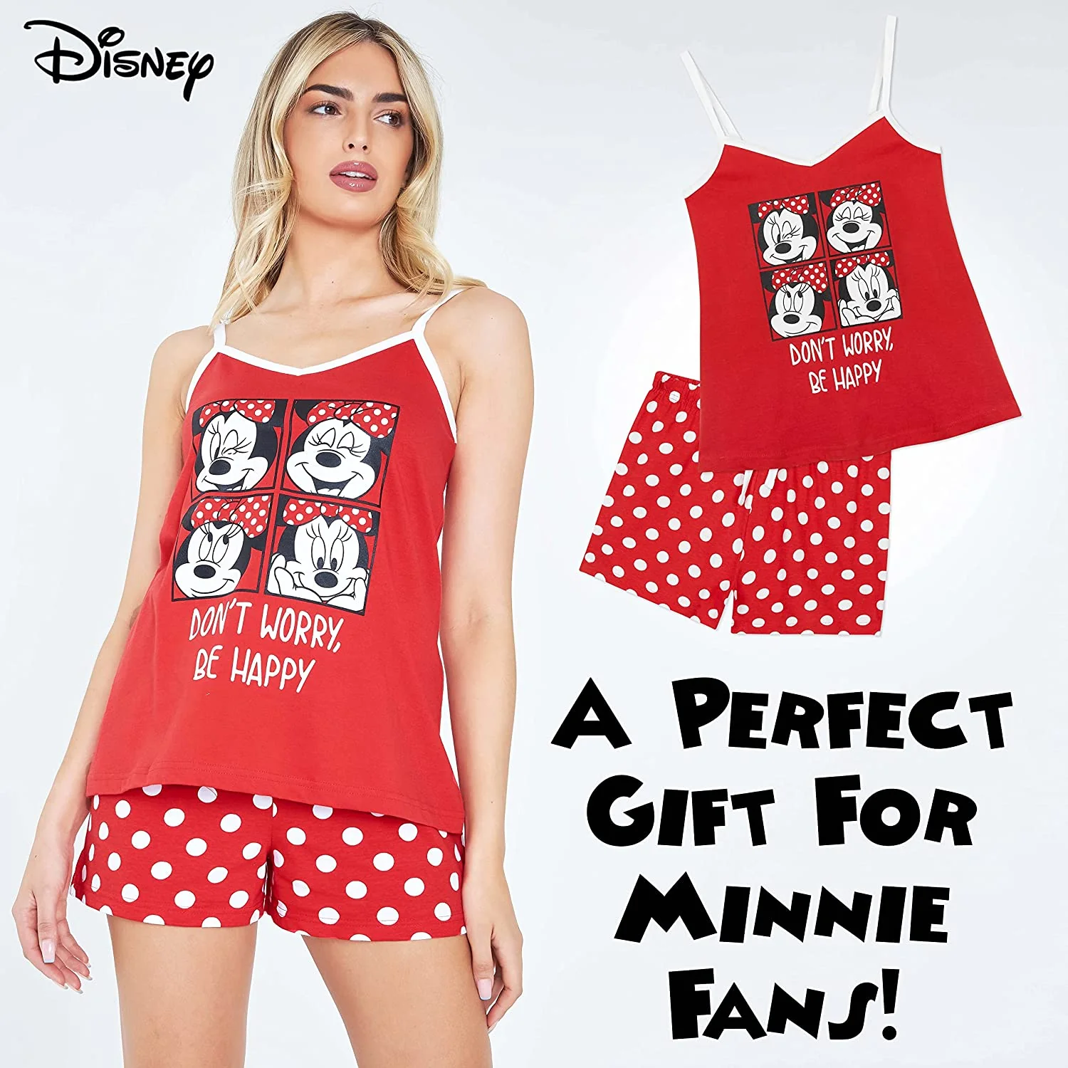 Disney Minnie Mouse Ladies Pyjamas Set, Cotton Cami Top & Sleep Shorts Women PJs - Image 3