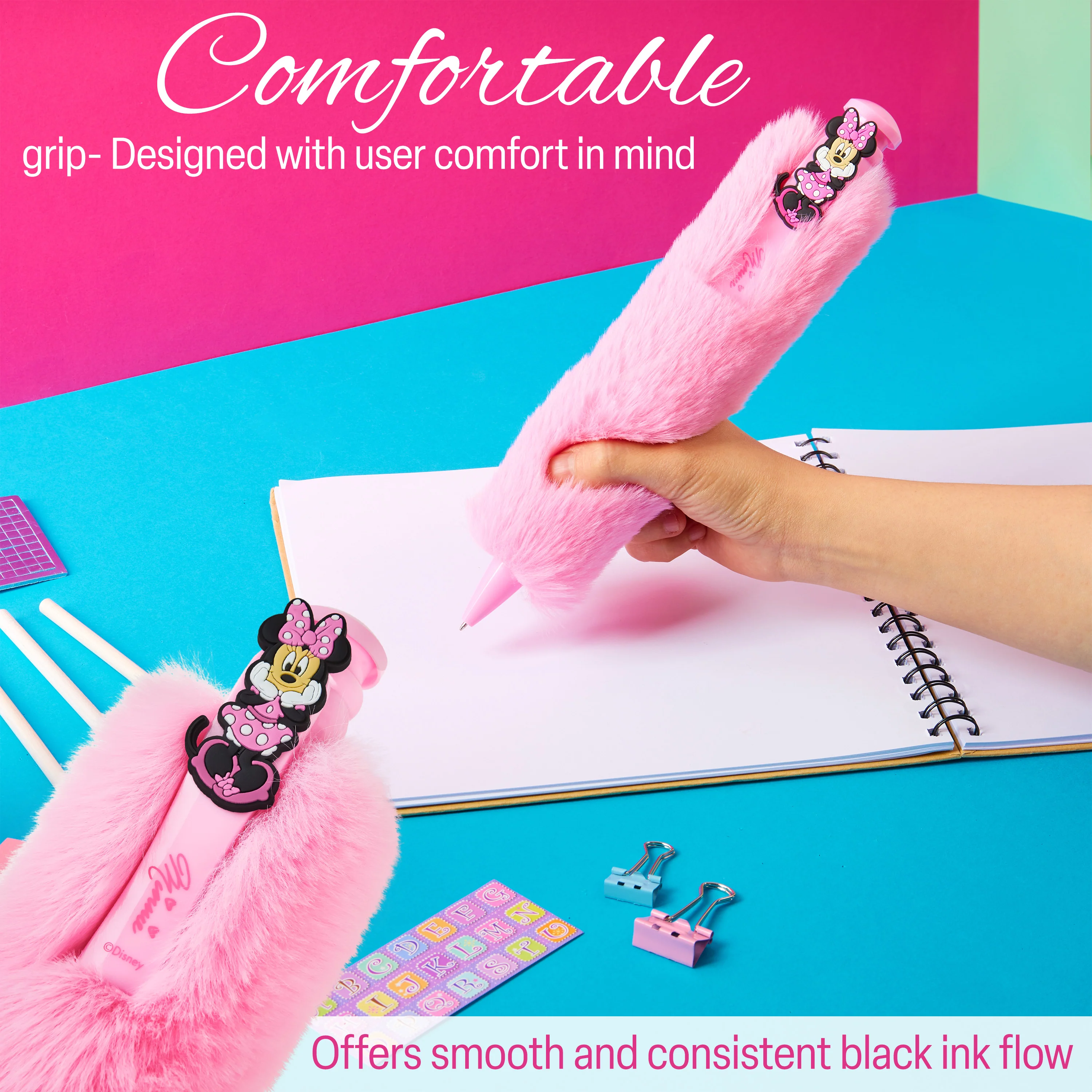 Disney Minnie Mouse Retractable Ballpoint Pen, Fluffy Novelty Pen - Girls Gifts (Pink) - Image 6
