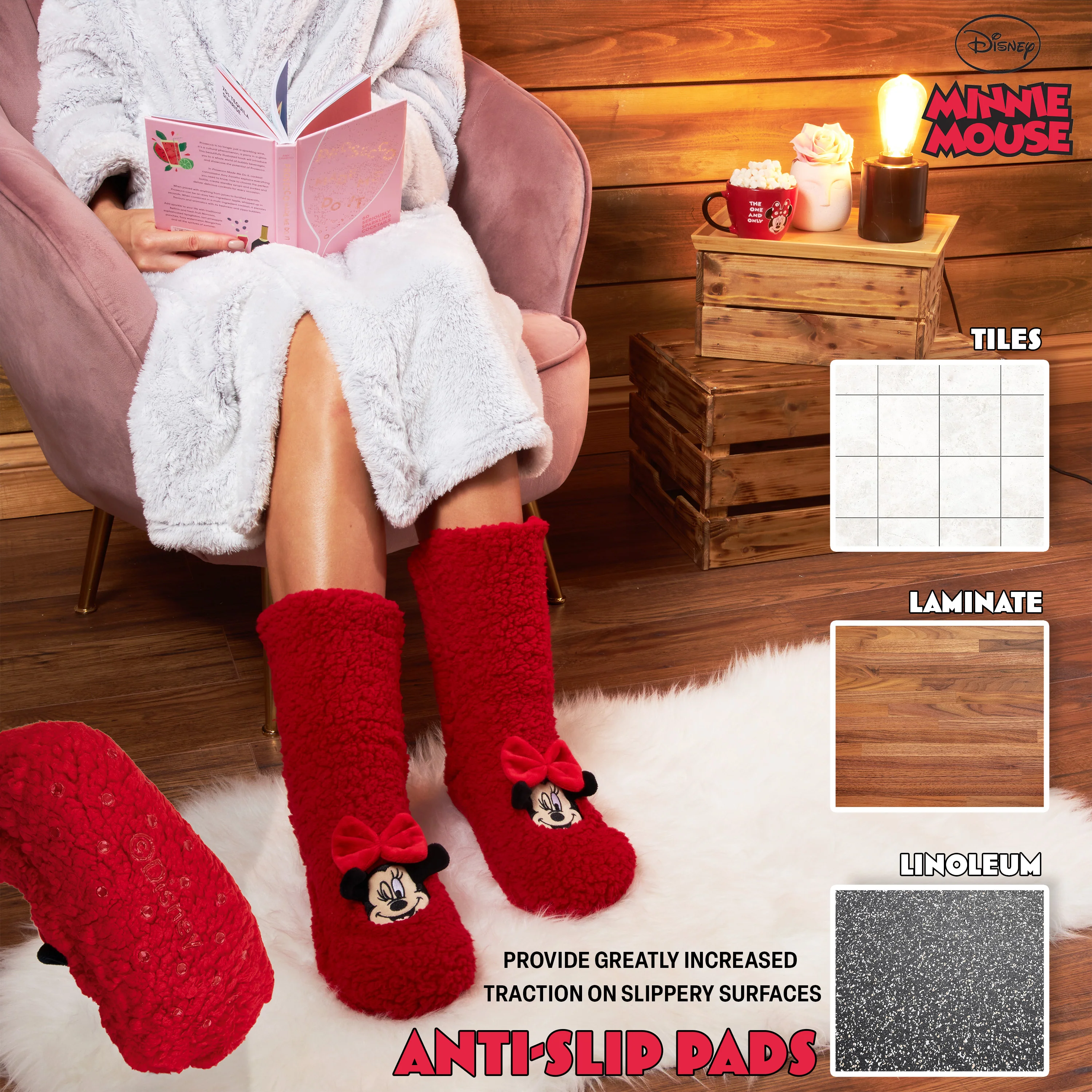 Disney Minnie Slipper Socks for Women and Teenagers Fleece Non Slip One Size - Image 7