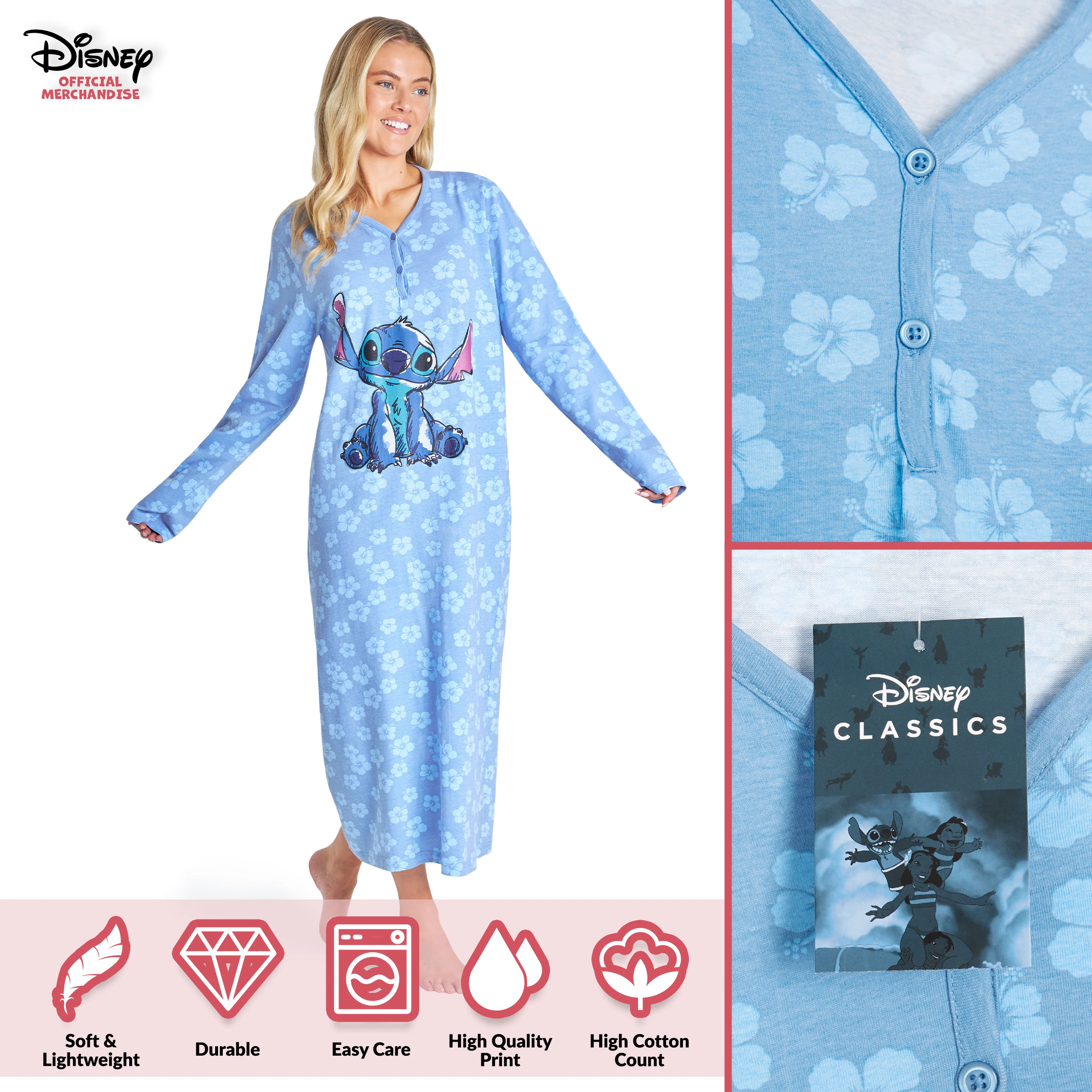 Disney Nighties for Women, Long Sleeve Nightdress Stitch - Image 4