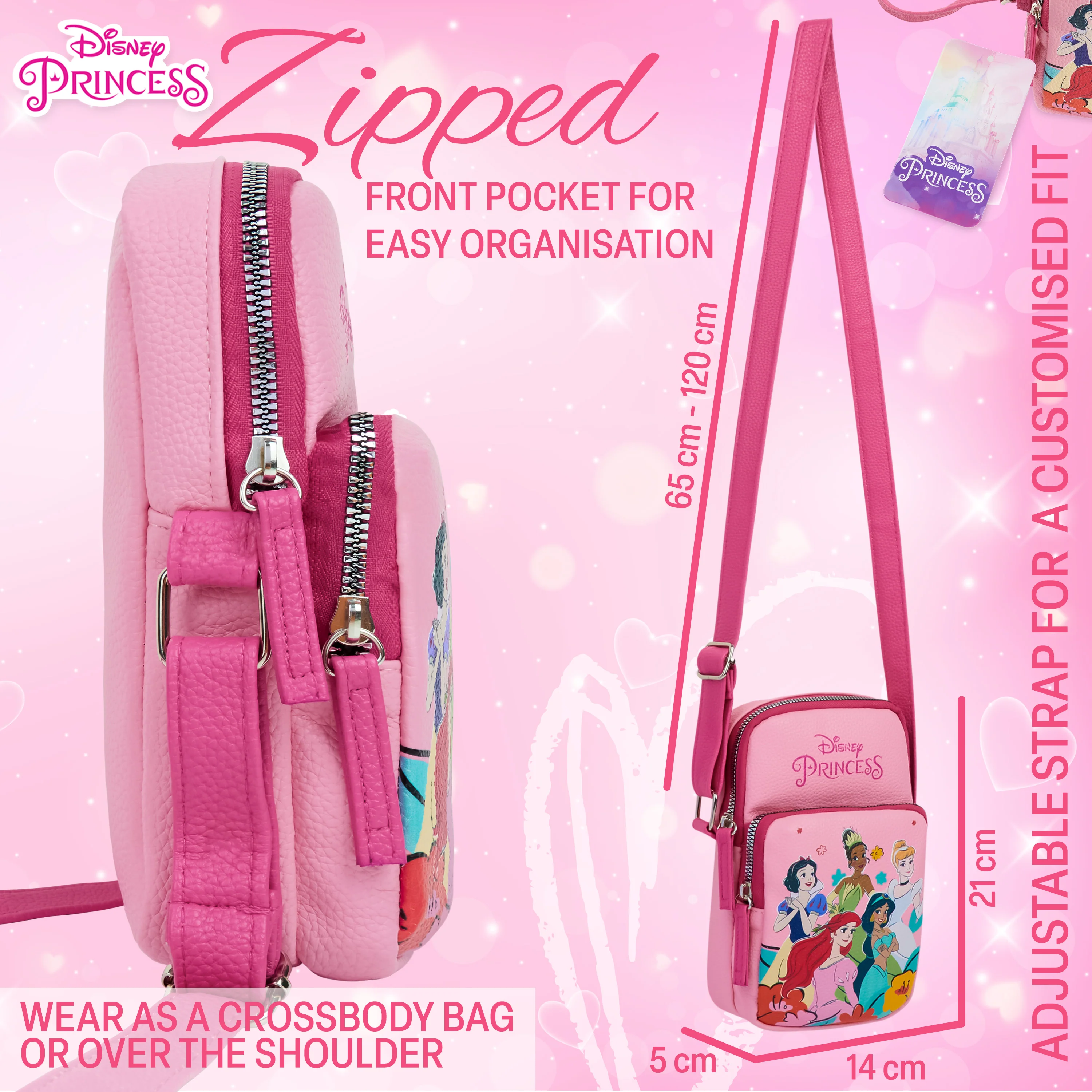 Disney Princess Girls Crossbody Bag with Compartments & Adjustable Strap Shoulder Bag - Image 6
