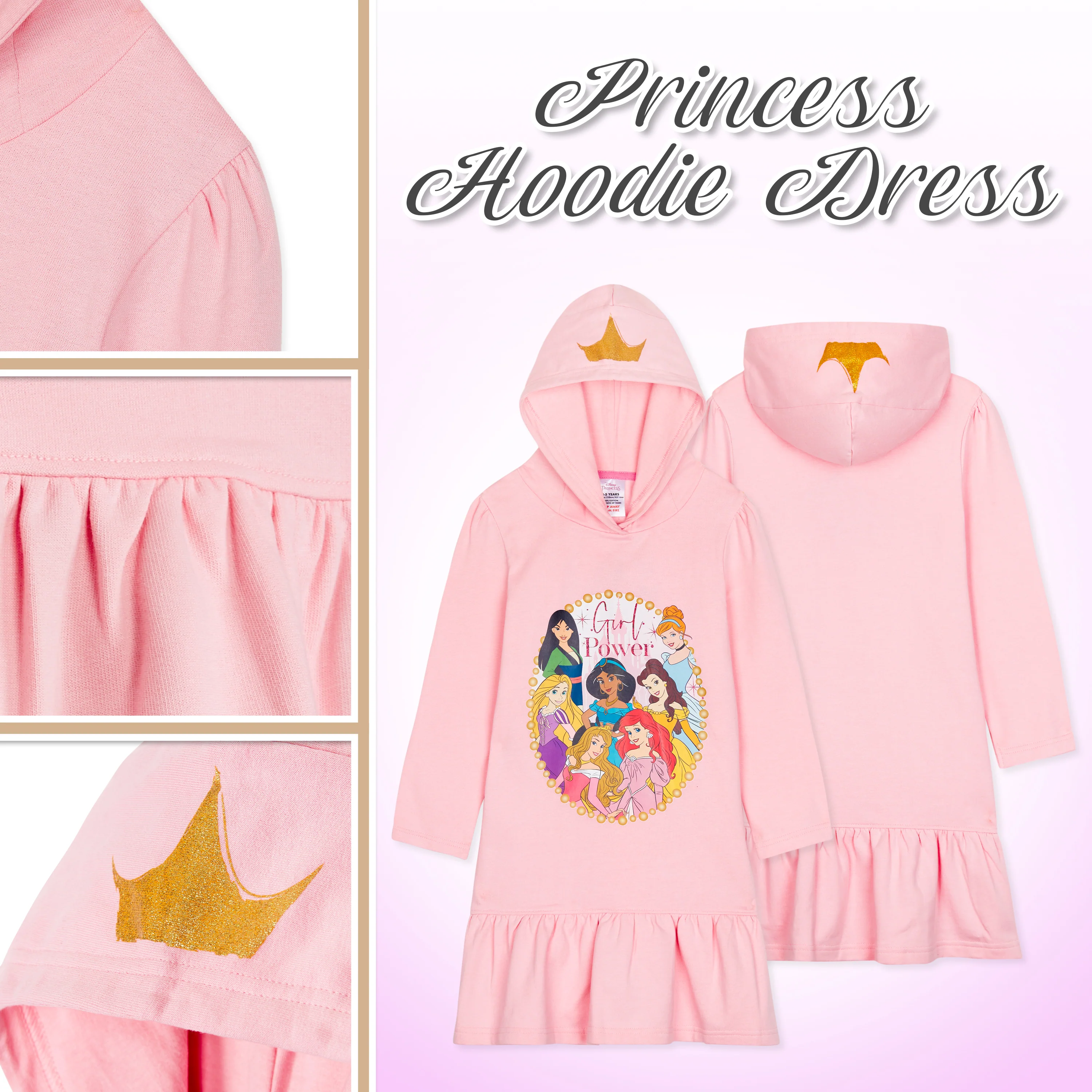 Disney Princess Hoodie for Girls - Princess Hooded Sweatshirt or Hoodie Dress for Kids - Image 6