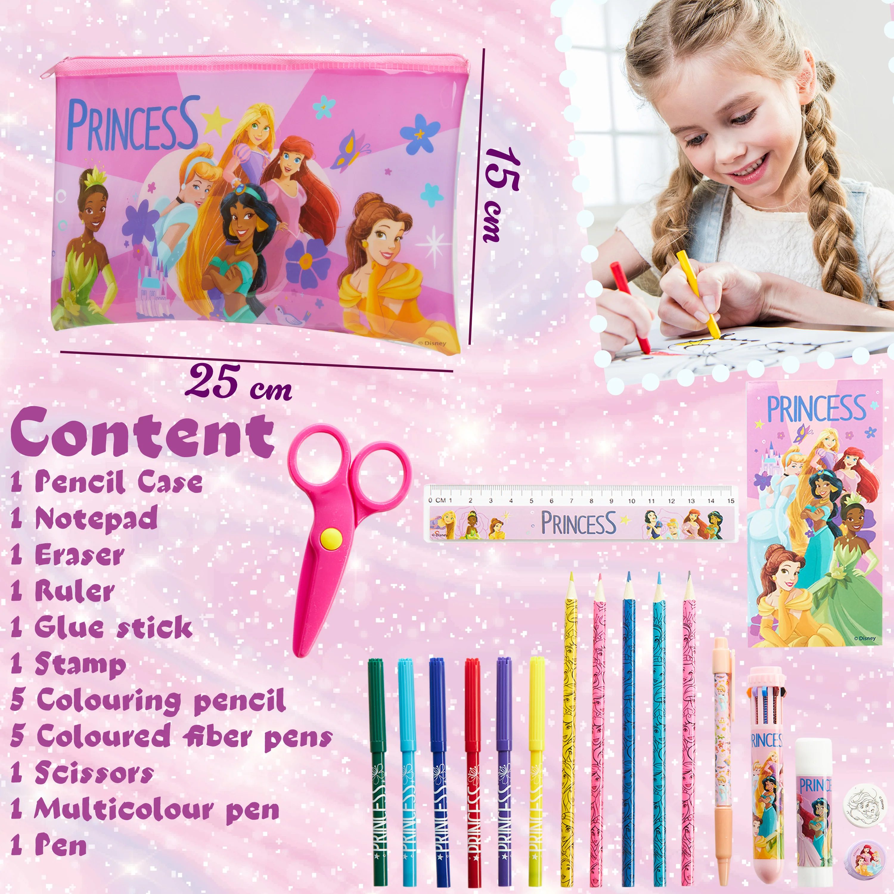 Disney Princess Kids Pencil Case with Cute Stationery Included - Image 6