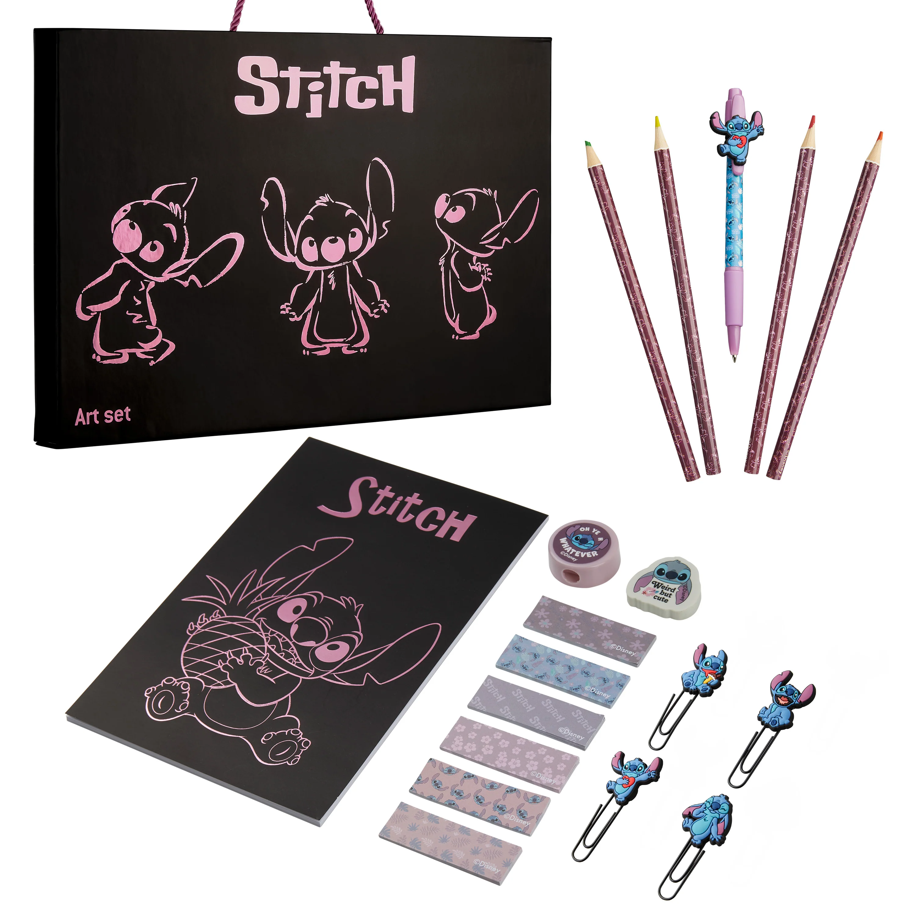 Disney Stitch Stationery Supplies Set Notebook Pencil Case & Ballpoint Pens or Notepad Colouring Pencils & Accessories for School Office (Black)
