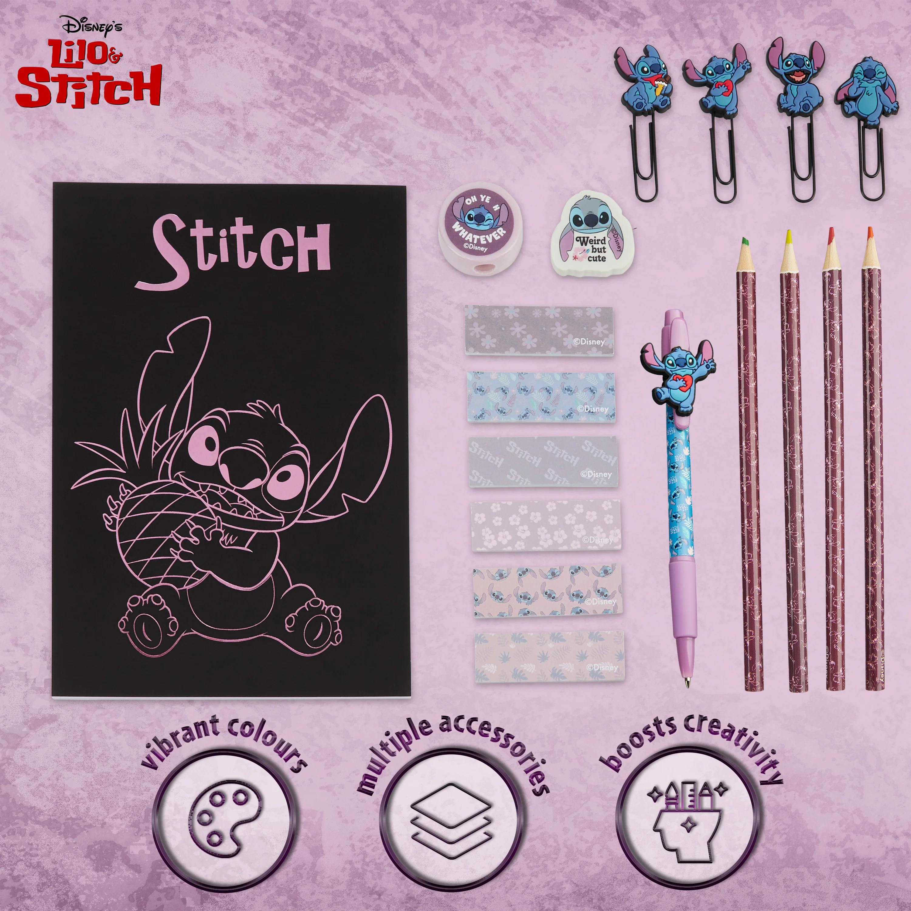 Disney Stitch Stationery Supplies Set Notebook Pencil Case & Ballpoint Pens or Notepad Colouring Pencils & Accessories for School Office (Black) - Image 6