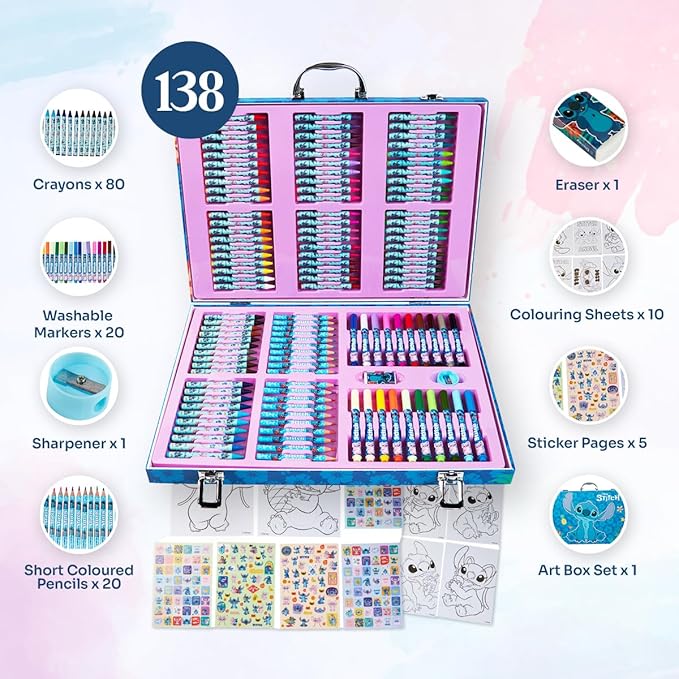 Disney Stitch Art Set for Kids 130+ Pieces Colouring Pencils Colouring Crayons Art Supplies - Image 3