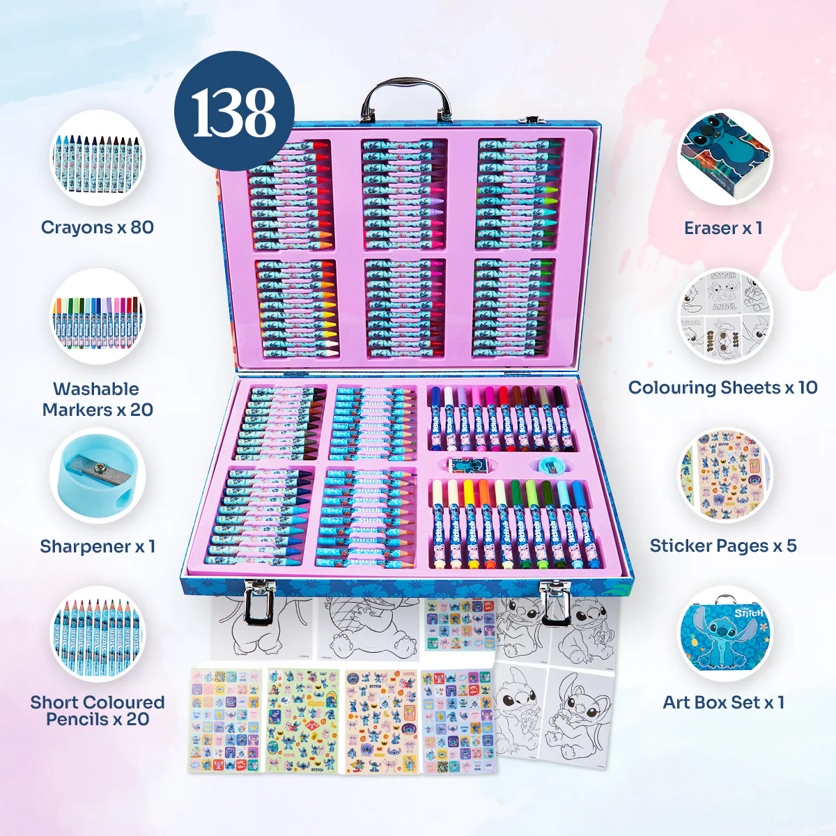 Disney Stitch Art Set for Kids 130+ Pieces Colouring Pencils - Image 6
