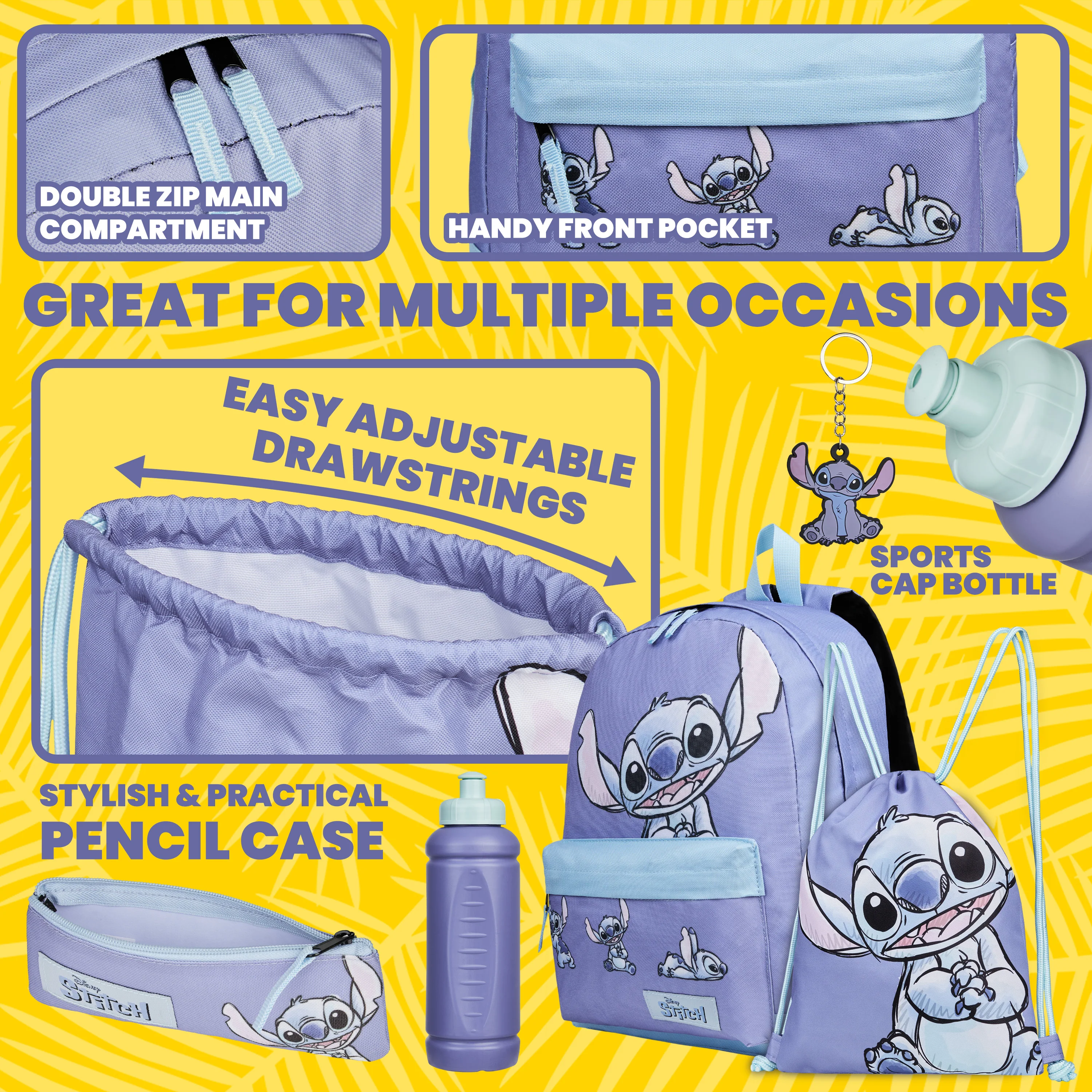 Disney Stitch Backpack School Supplies Set 5 Pieces with Rucksack Swimming Bag Pencil Case Water Bottle and Keyring Back to School Stitch Gifts - Image 4