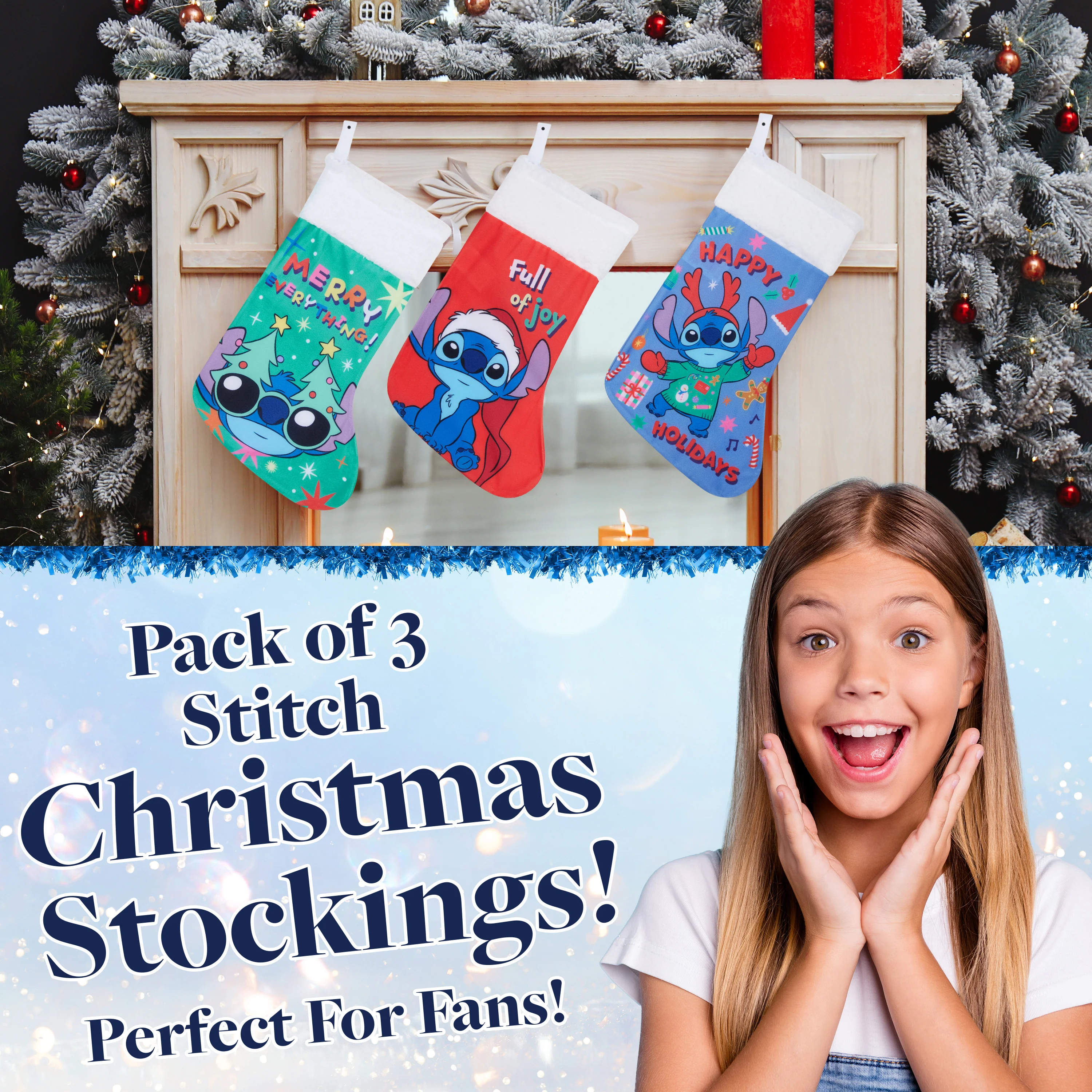 Disney Stitch Christmas Stockings for Kids Teens Adults Set of 3, Cute Festive Hanging Festive Decor Xmas Stockings - Image 2