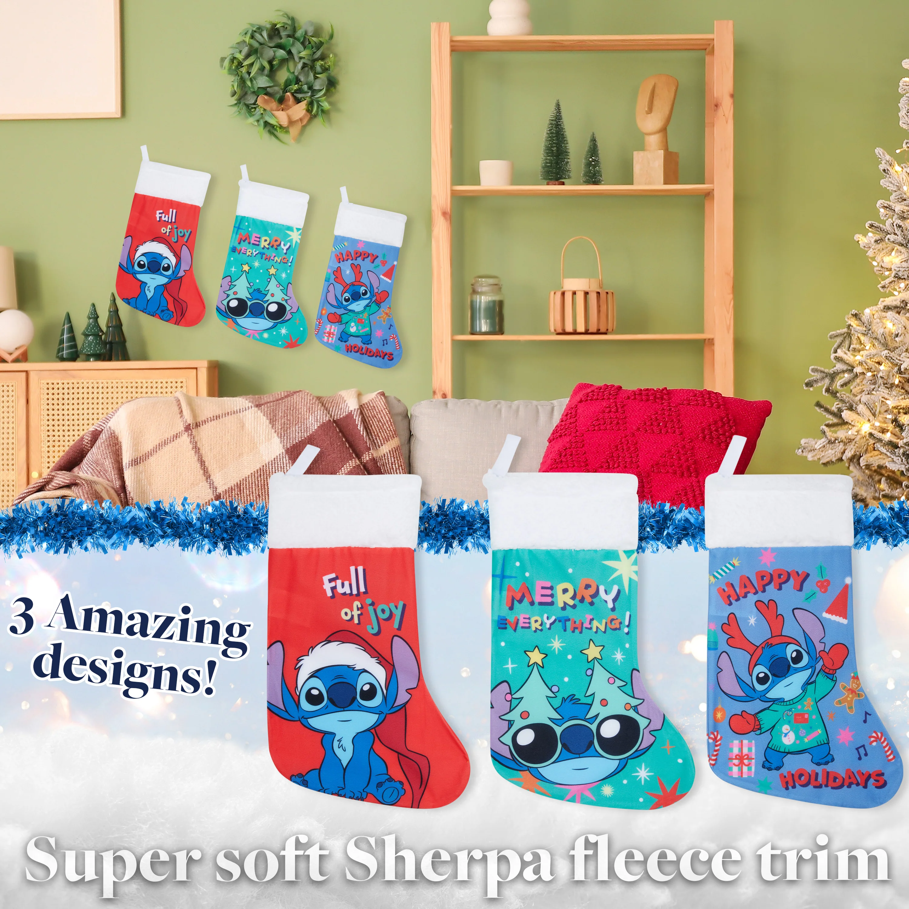Disney Stitch Christmas Stockings for Kids Teens Adults Set of 3, Cute Festive Hanging Festive Decor Xmas Stockings - Image 6
