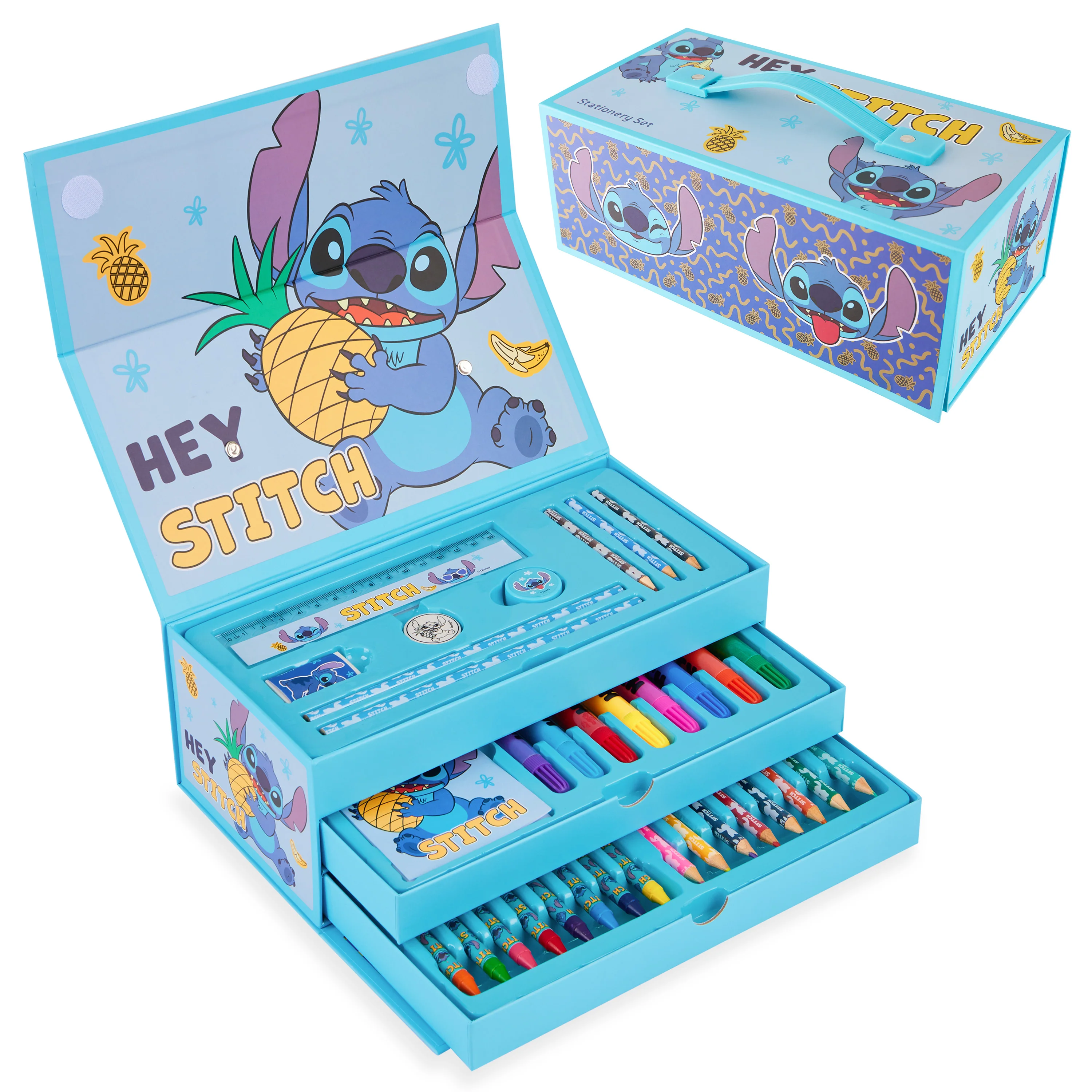 Disney Stitch Kids Art Set, Colouring Pencils Pens Crayons Art Supplies in Art Box 30 Plus Pcs - Stitch Gifts for Girls (Blue Stitch)