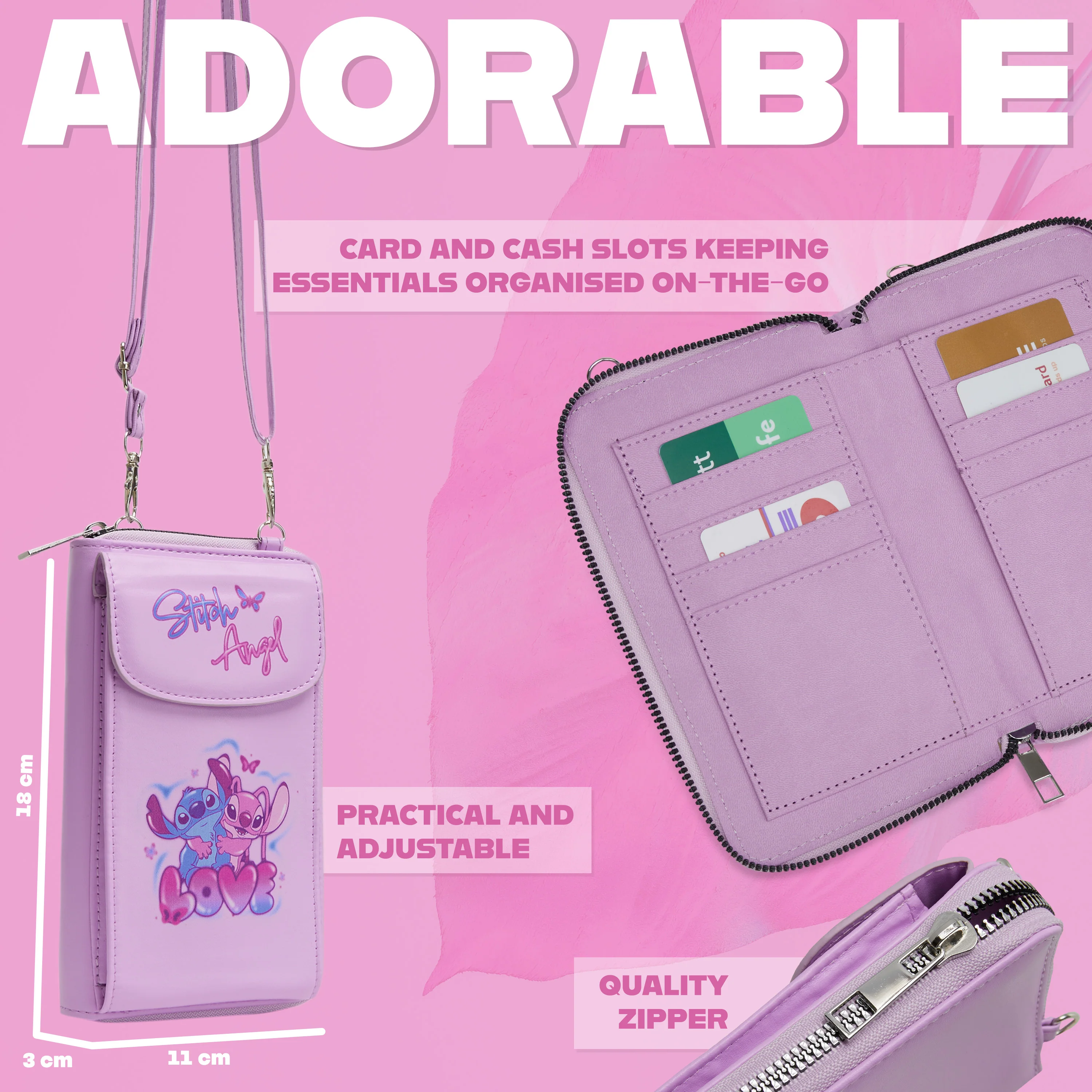 Disney Stitch Crossbody Bag for Girls Phone Bag with Card Slots Adjustable Strap - Pink - Image 5