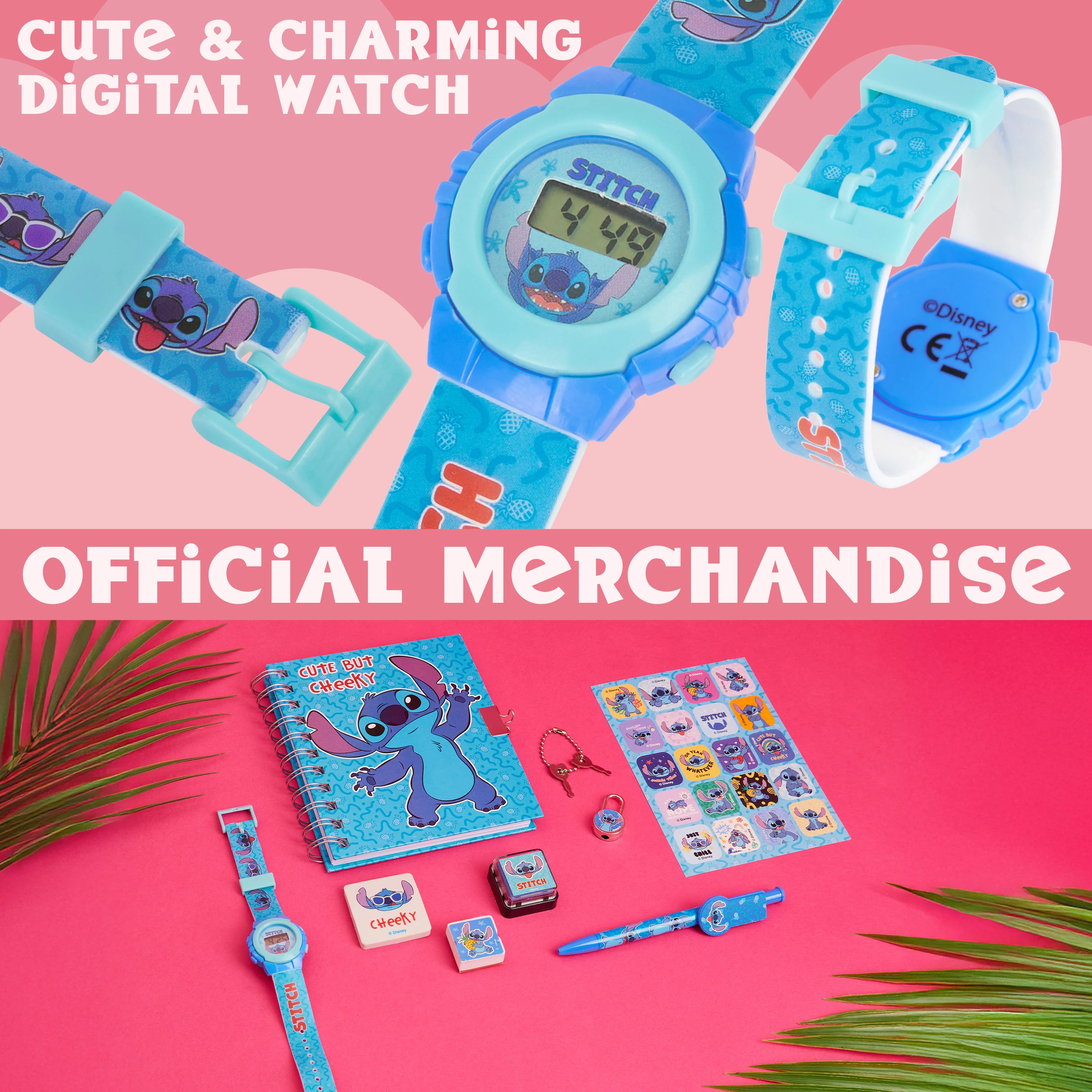 Disney Stitch Digital Kids Watch & Accessories Set, Colourful Watch with Plastic Strap Lockable Diary Ink Stamps, Stitch Gifts - Image 3