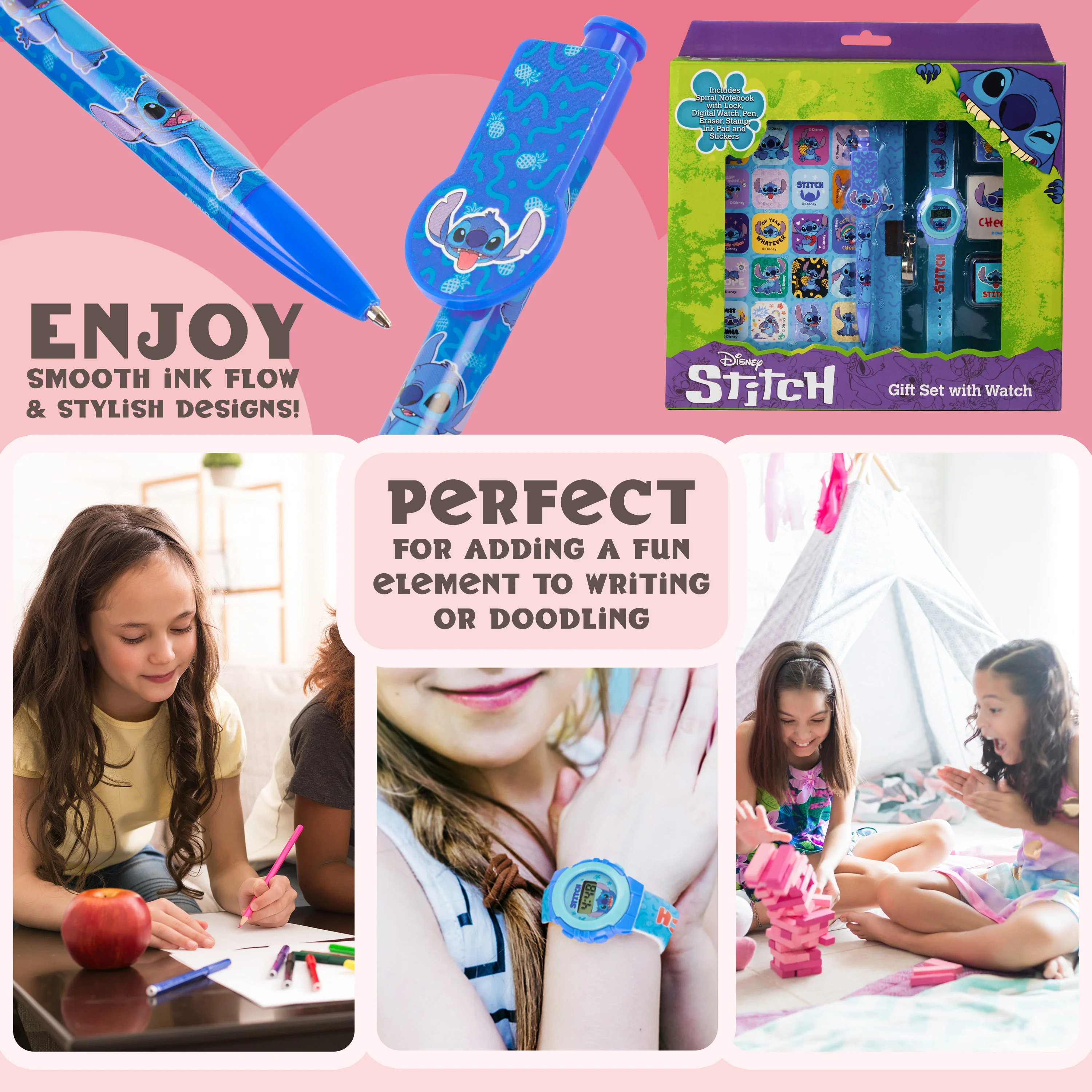 Disney Stitch Digital Kids Watch & Accessories Set, Colourful Watch with Plastic Strap Lockable Diary Ink Stamps, Stitch Gifts - Image 4