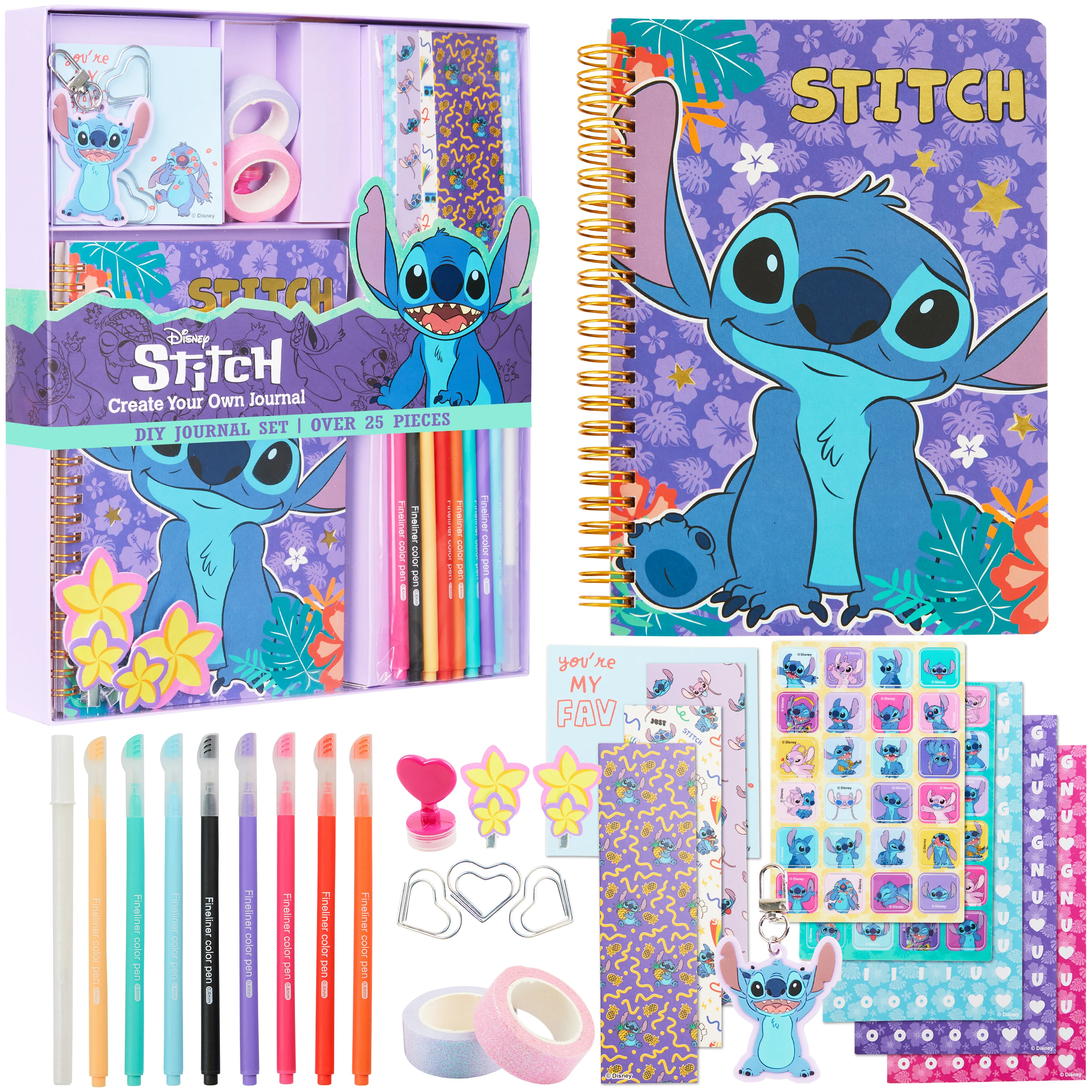 Disney Stitch DIY Journal Kit for Kids Teens A5 Diary Art Supplies Stickers Sticky Notes Keyring Coloured Pens Arts and Crafts Stitch Gifts