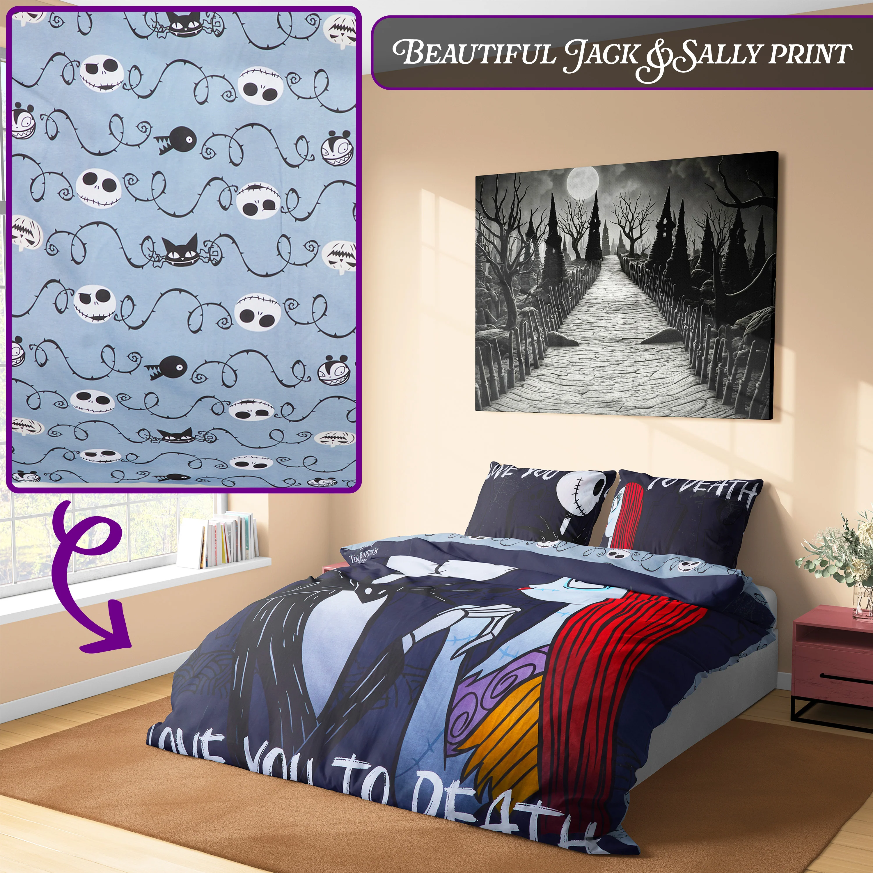 Disney Stitch Duvet Cover and Pillowcase Set Kids Teens Bedding Bedroom Accessories - Double (Black Jack Sally Double) - Image 3
