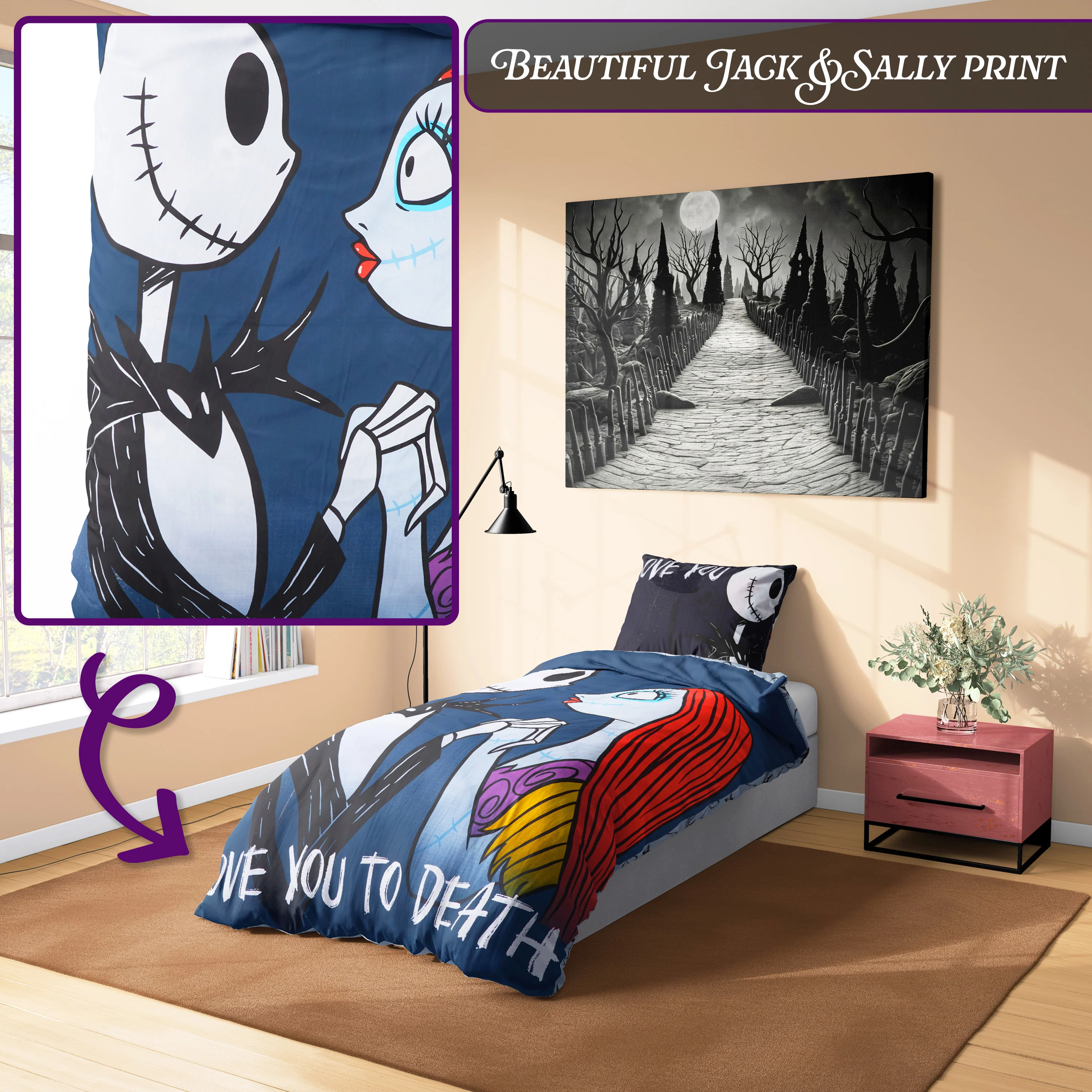 Disney Stitch Duvet Cover and Pillowcase Set Kids Teens Bedding Bedroom Accessories - Single (Black Jack Sally Single) - Image 3
