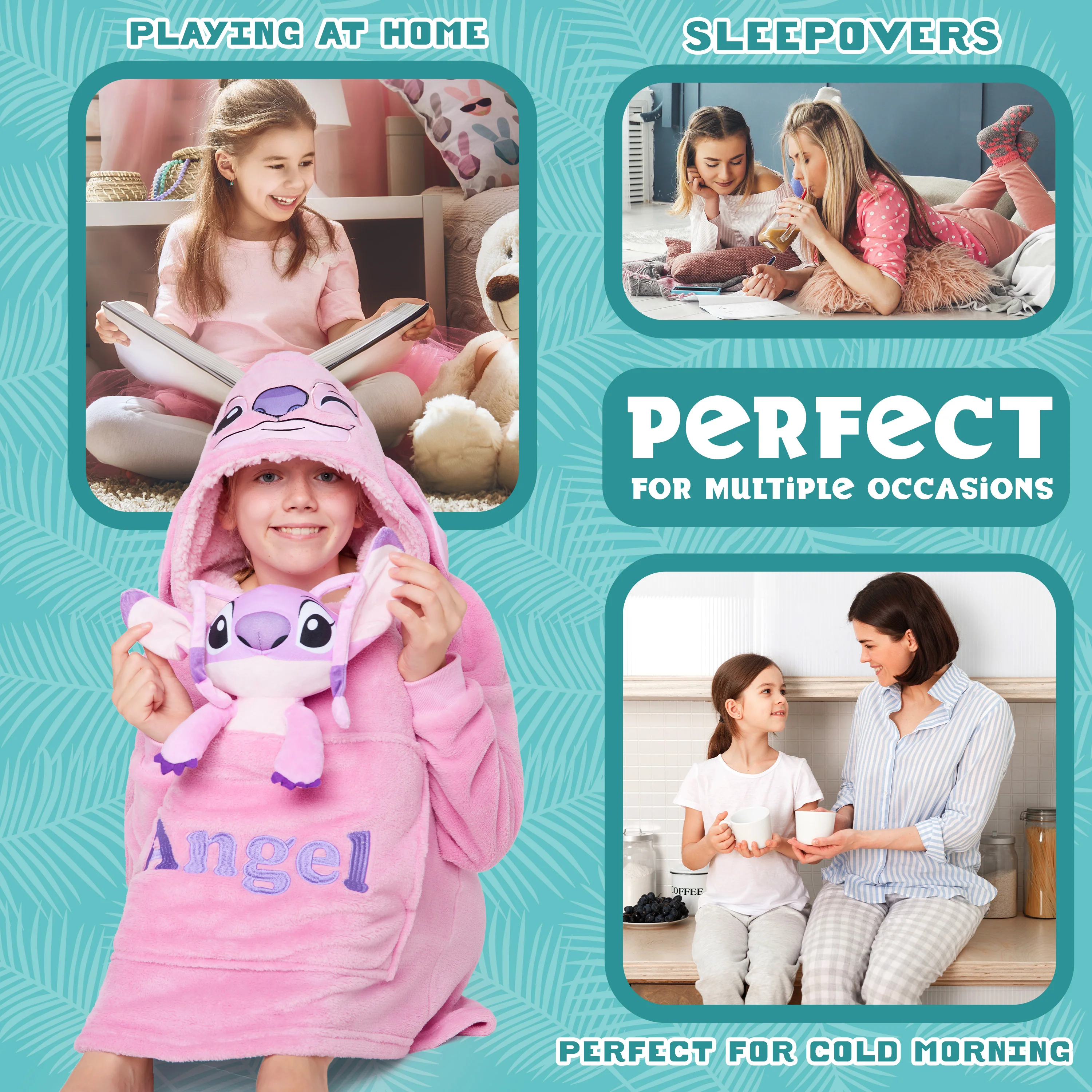 Disney Stitch Fleece Hoodie Blanket with Plush Toy for Kids - Pink Angel - Image 4